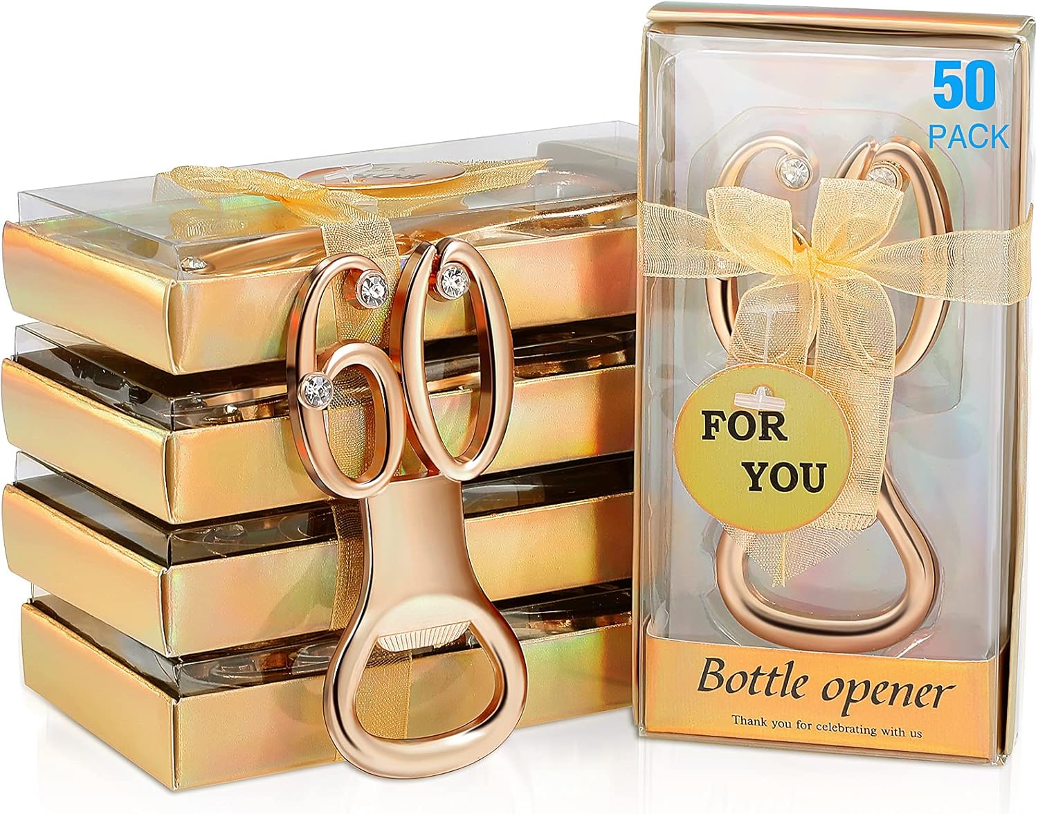 50 Pcs Golden Bottle Opener Birthday Party Favors, Rhinestones Wedding Anniversary for Guests Beer Opener Favor Gift Party Decor (60th Style)