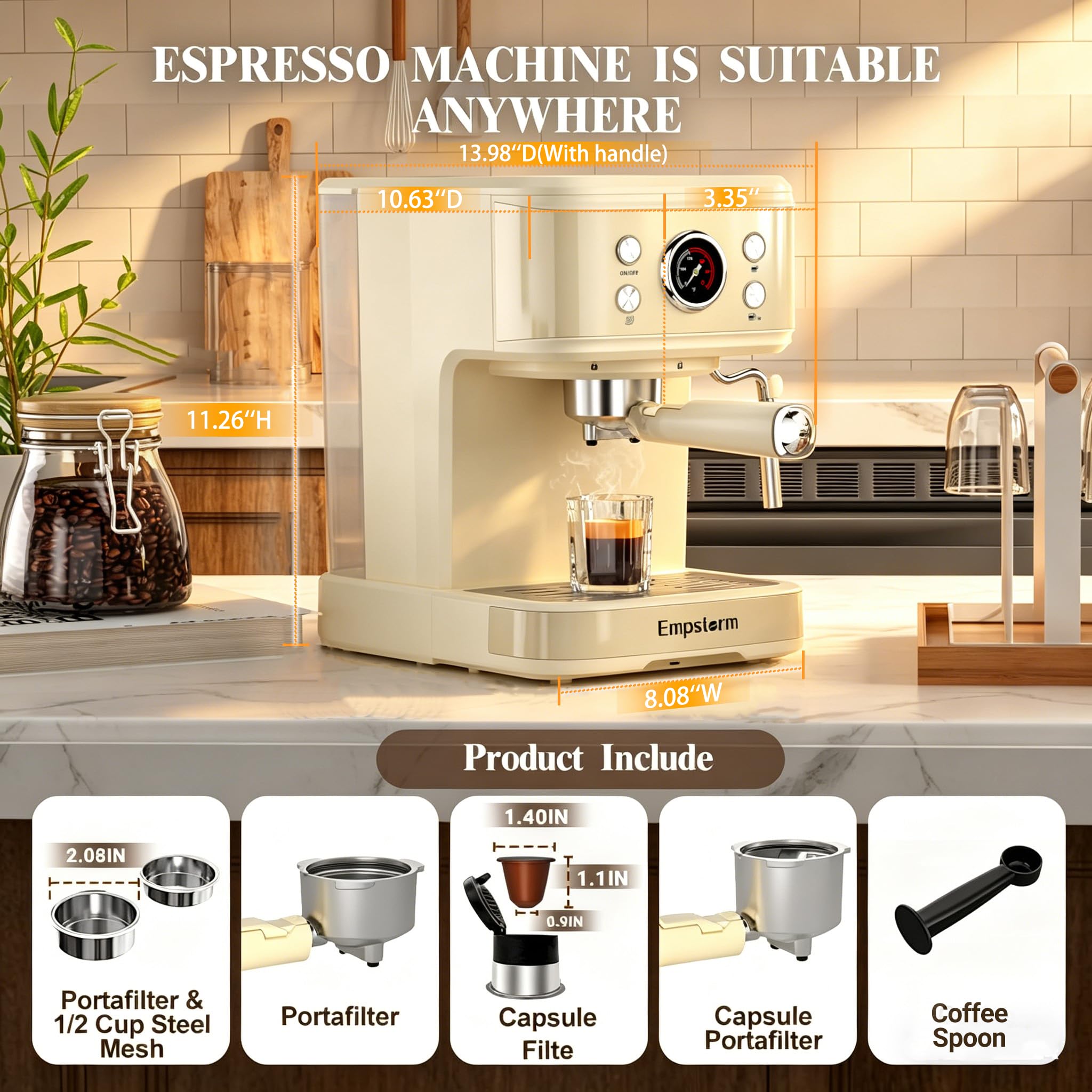 Empstorm Cafetera Espresso 20Bar,1100W máquina de café Espresso 2 en 1 con depo de Agua de 50oz y Varita de Vapor