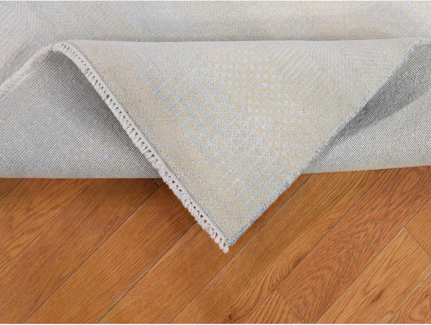 Hand Knotted Ivory Oriental Rug, Wool and Silk, Grass Design, Modern Style, 4'1" x 6'1