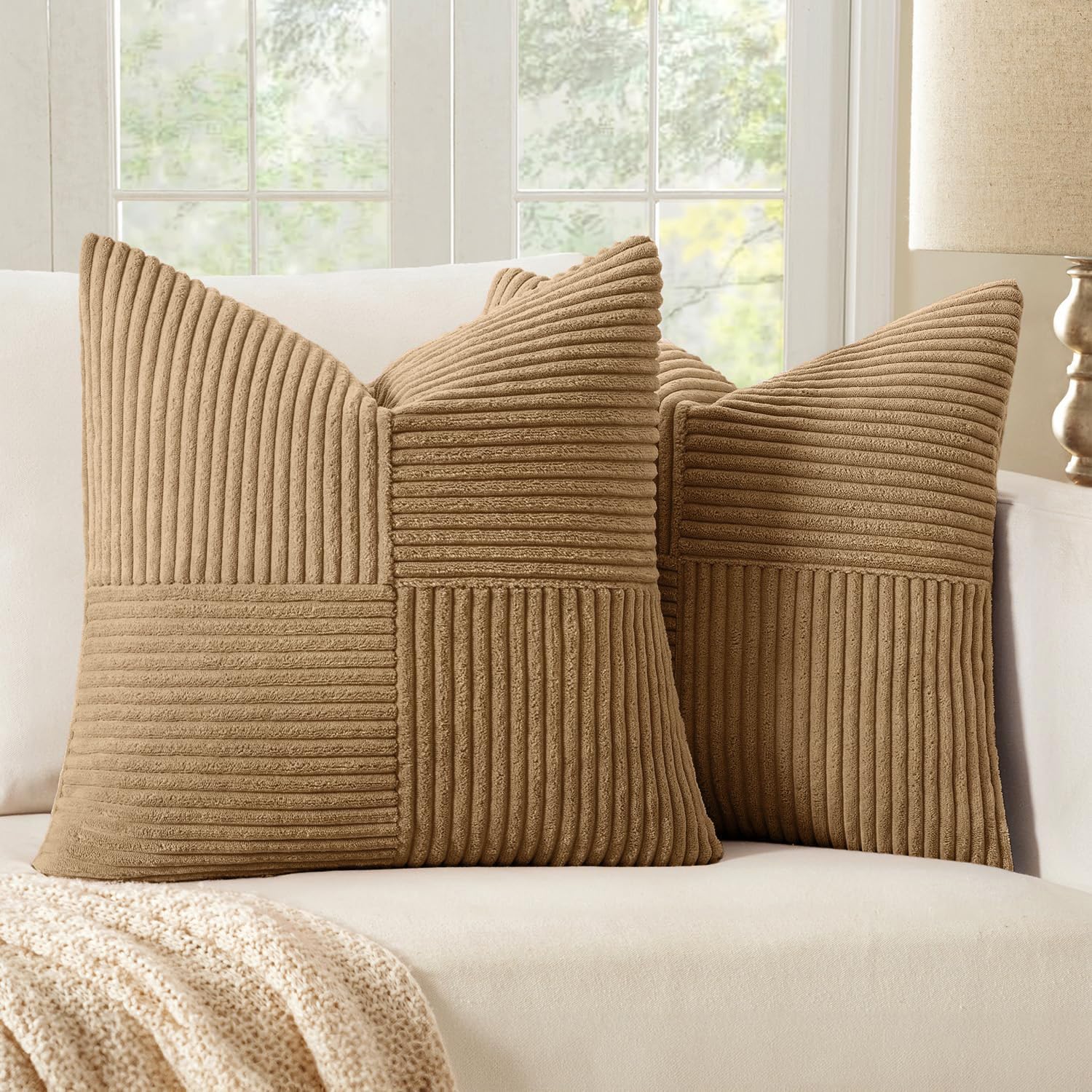 MIULEE Camel Brown Decorative Throw Pillow Covers 20x20 Inch for Couch Bed Sofa Pack of 2 Boho Farmhouse Throw Pillows Soft Cross Corduroy Patchwork