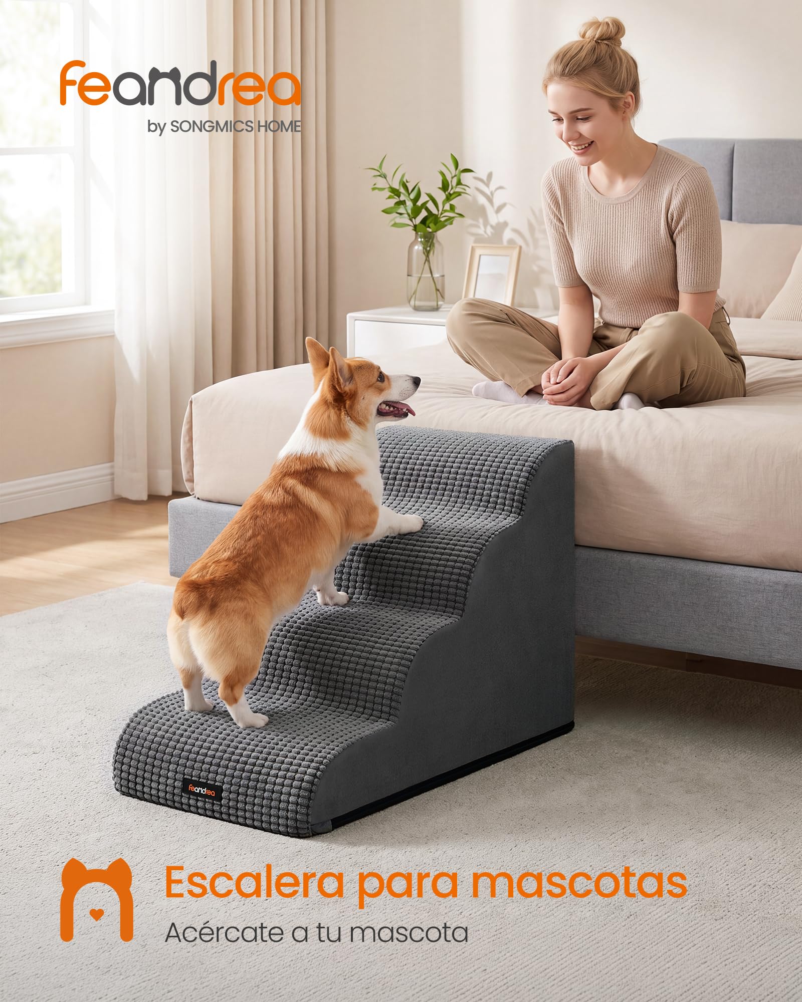 Feandrea Escalera para Perros, Rampa, 4 Escalones, Espuma