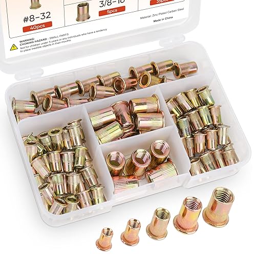 TICONN Kit de tuercas de remache SAE de 110 piezas tuerca de inserción de cabeza plana de acero al carbono chapada en zinc resistente con cuerpo