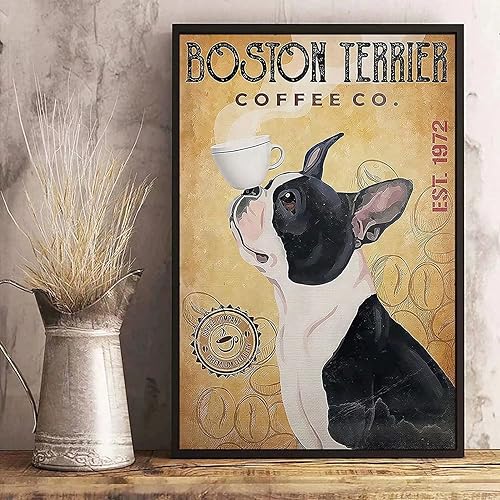 UOAIUDT Letrero de metal retro Boston Terrier café, placa retro de metal vintage, decoración de pared, regalo para baño, restaurante, granja,