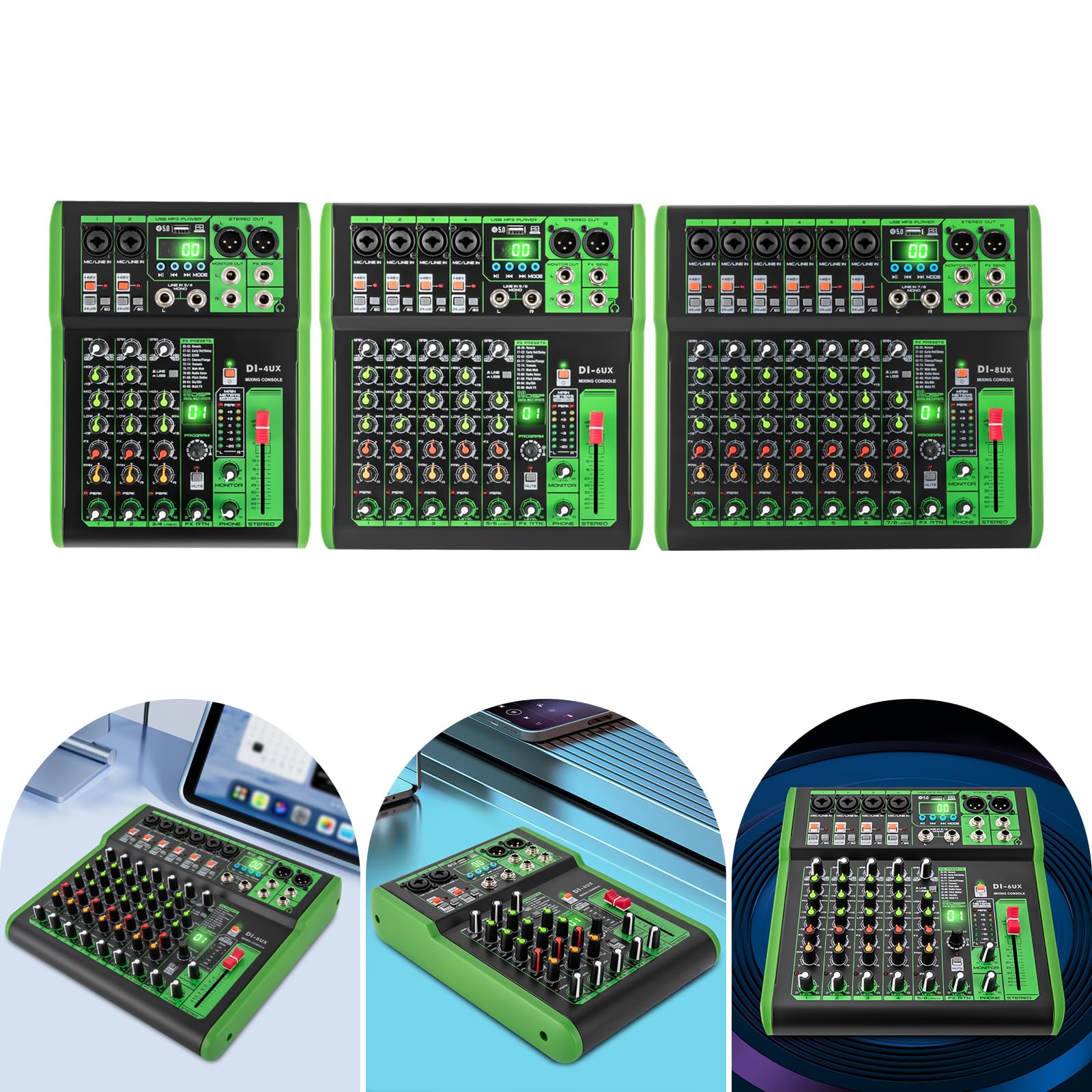 Mixer audio professionale, alimentazione phantom, preamplificatore per microfono, serie DI-4UX, verde, 19,3 x 26 x 4,5 cm