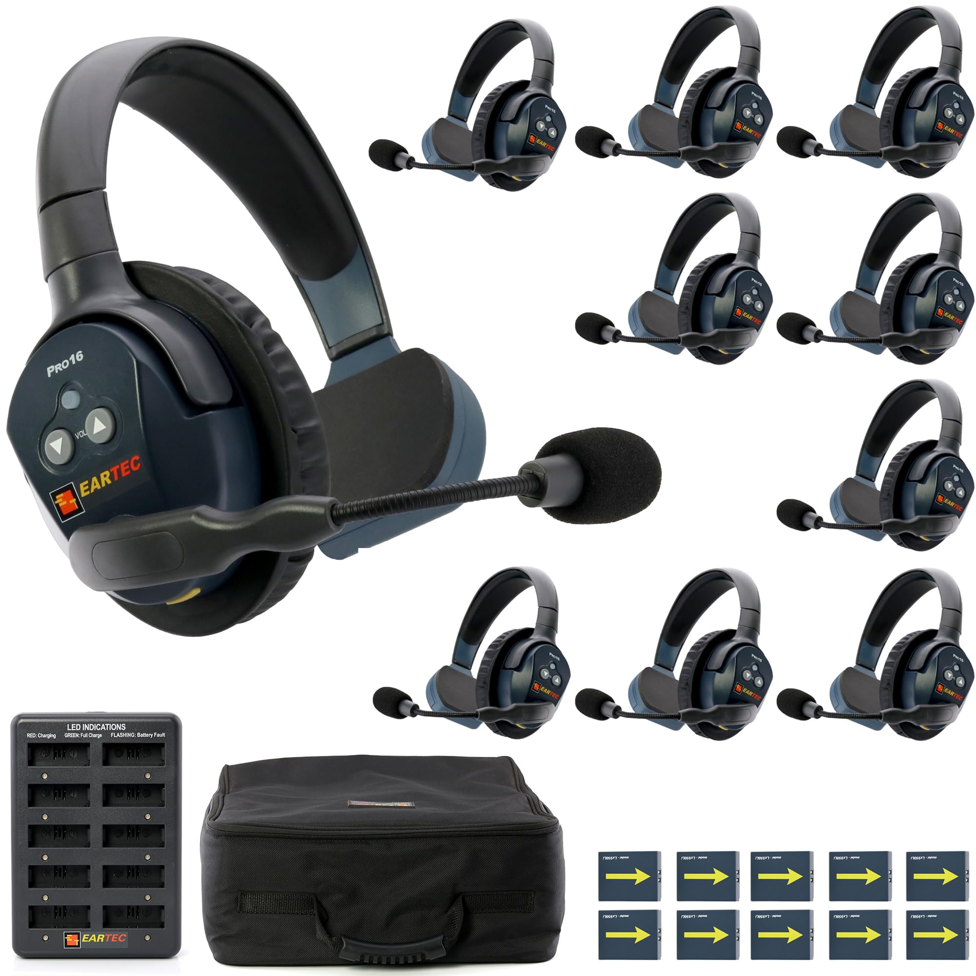 EARTEC Ultralite PRO16 ETP10S Full-Duplex Long Range Wireless Intercom System - 10 Single Ear Headsets, Up to 1/2 Mile Range, 2.4 GHz, U.S. Company