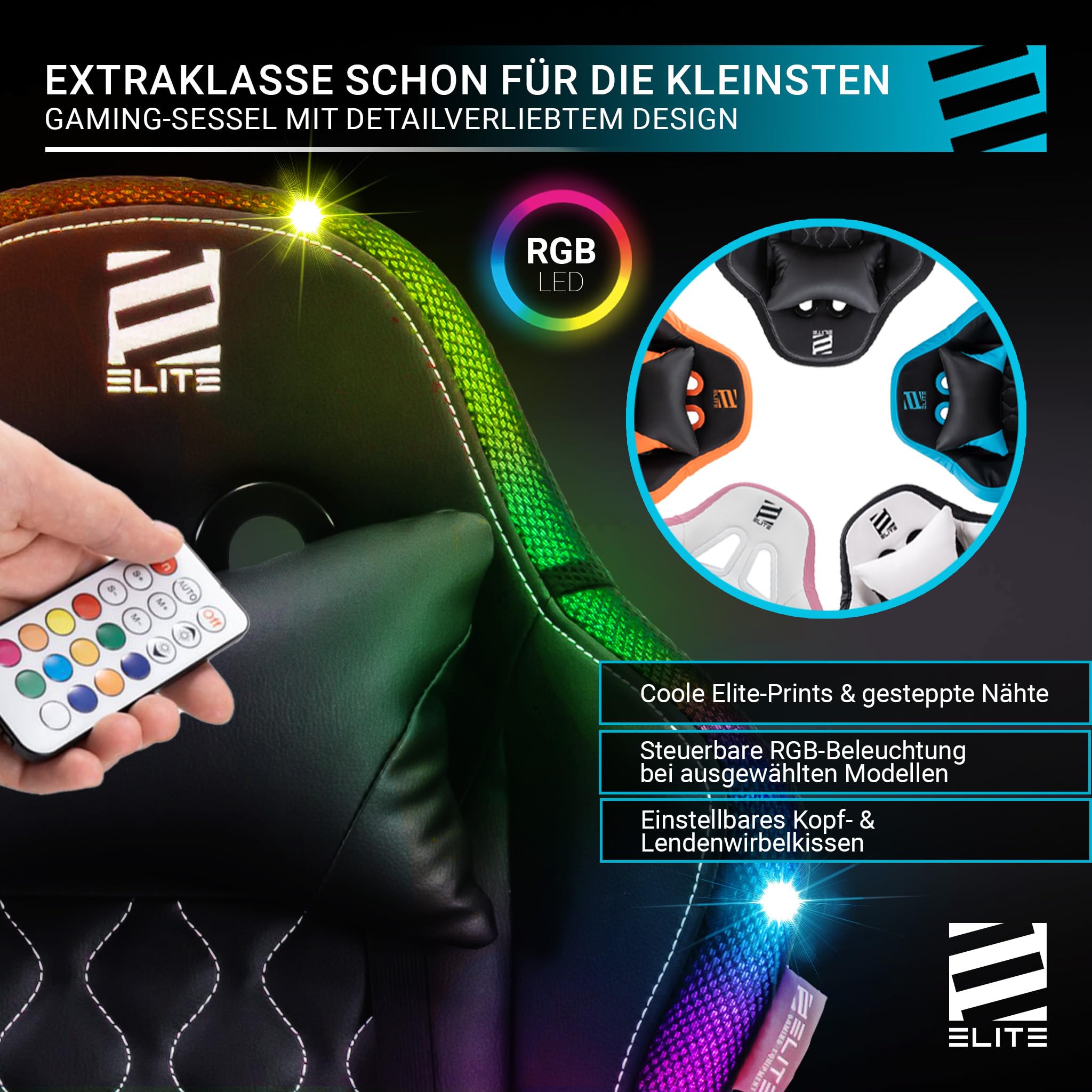 ELITE LED Gaming Stuhl Pulse für Kinder | Ergonomischer Bürostuhl - Schreibtischstuhl - Chefsessel - Sessel - Racing Gaming Stuhl - Gamingstuhl - Drehstuhl - Chair - Kunstleder (Schwarz RGB)