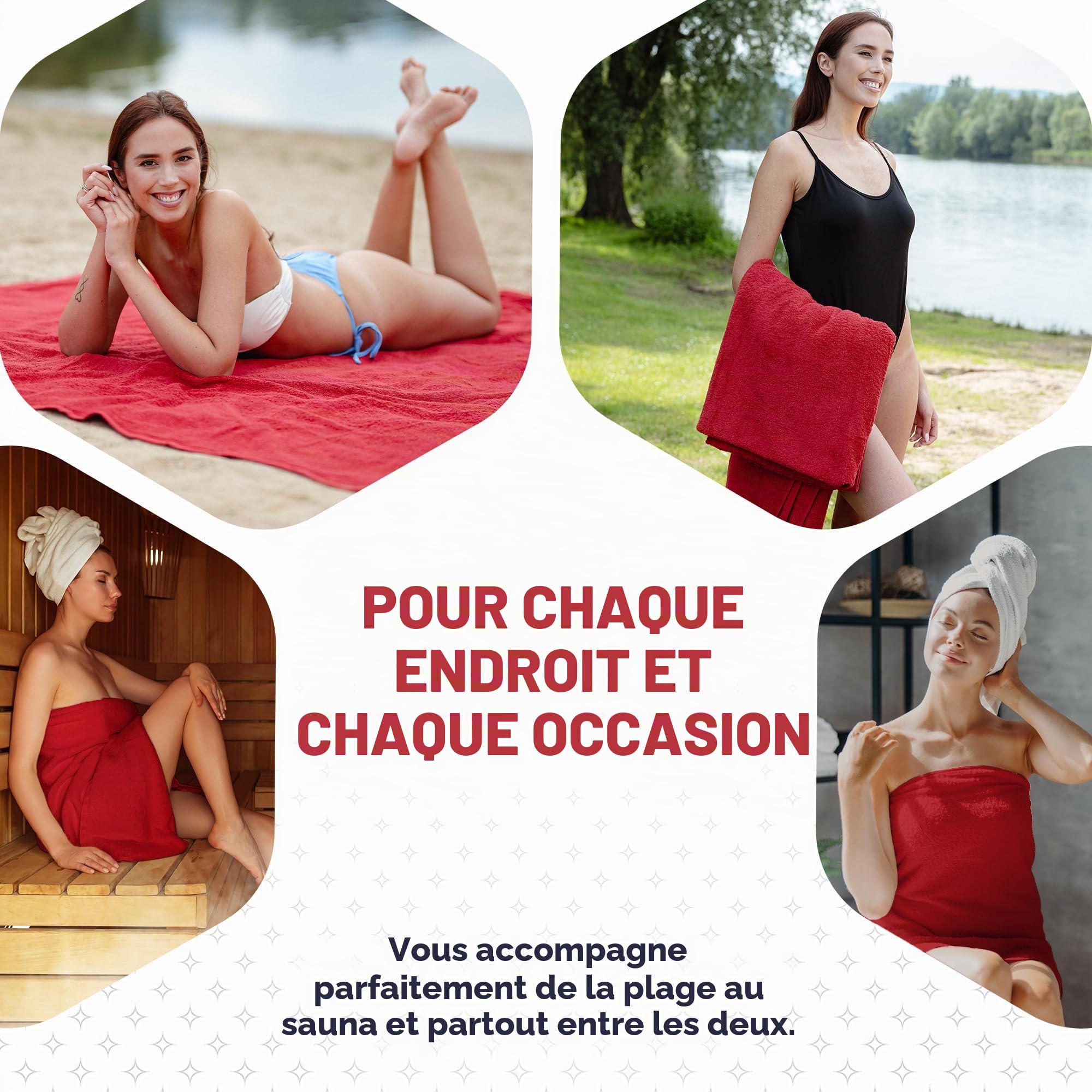 Serviette XXL | Bain | Sauna | Plage | Grande Taille 100x220cm et 155x220cm avec Ouvre-Bouteille | Rouge