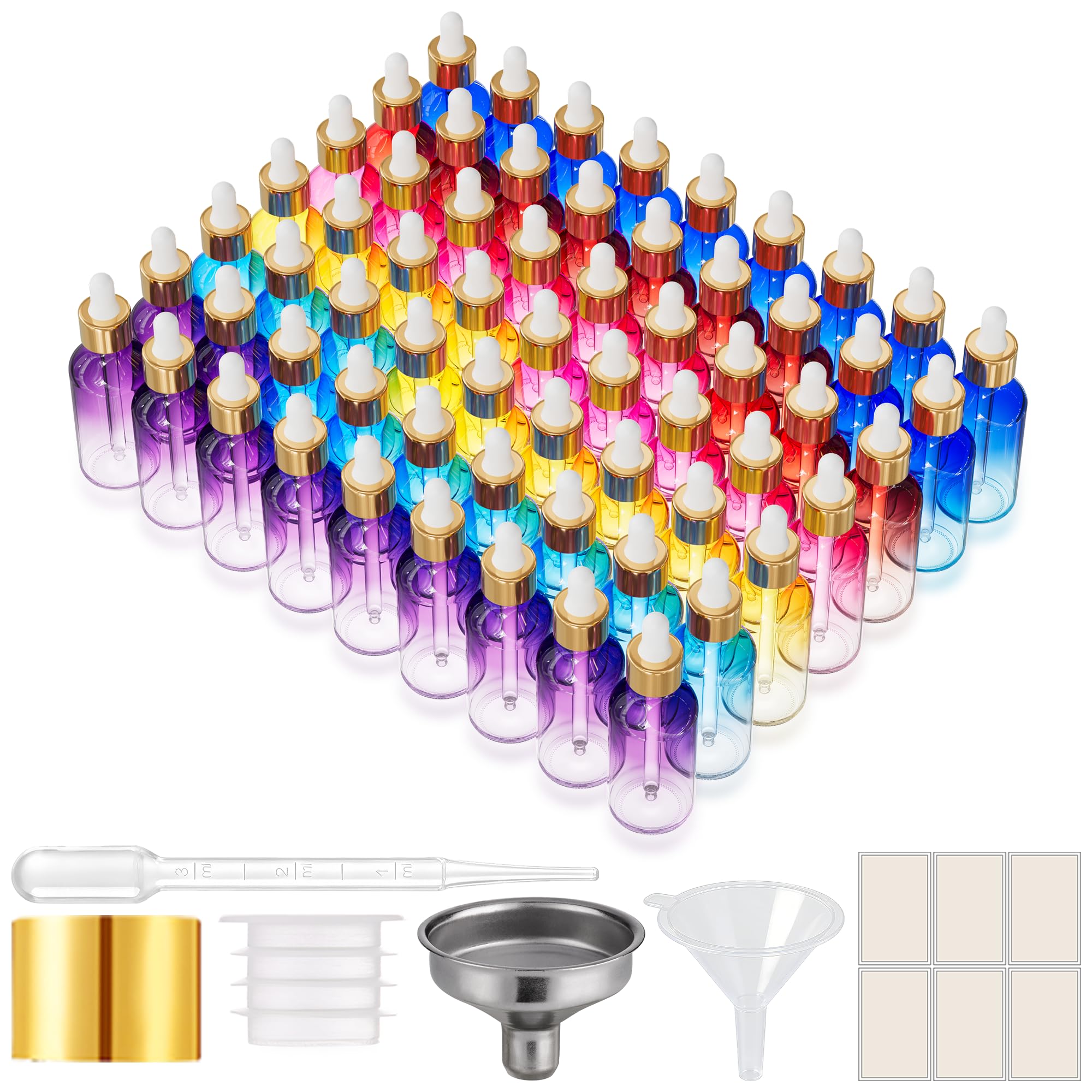 PrettyCare Glass Eye Dropper Bottles 2oz (60ml), 63 Pack Rainbow Empty Thick Bottles Bulk with Leakproof Golden Caps - With Labels &amp; Funnels for for Storage, Travel,Essential Oils, DIY Serums, Tinctur