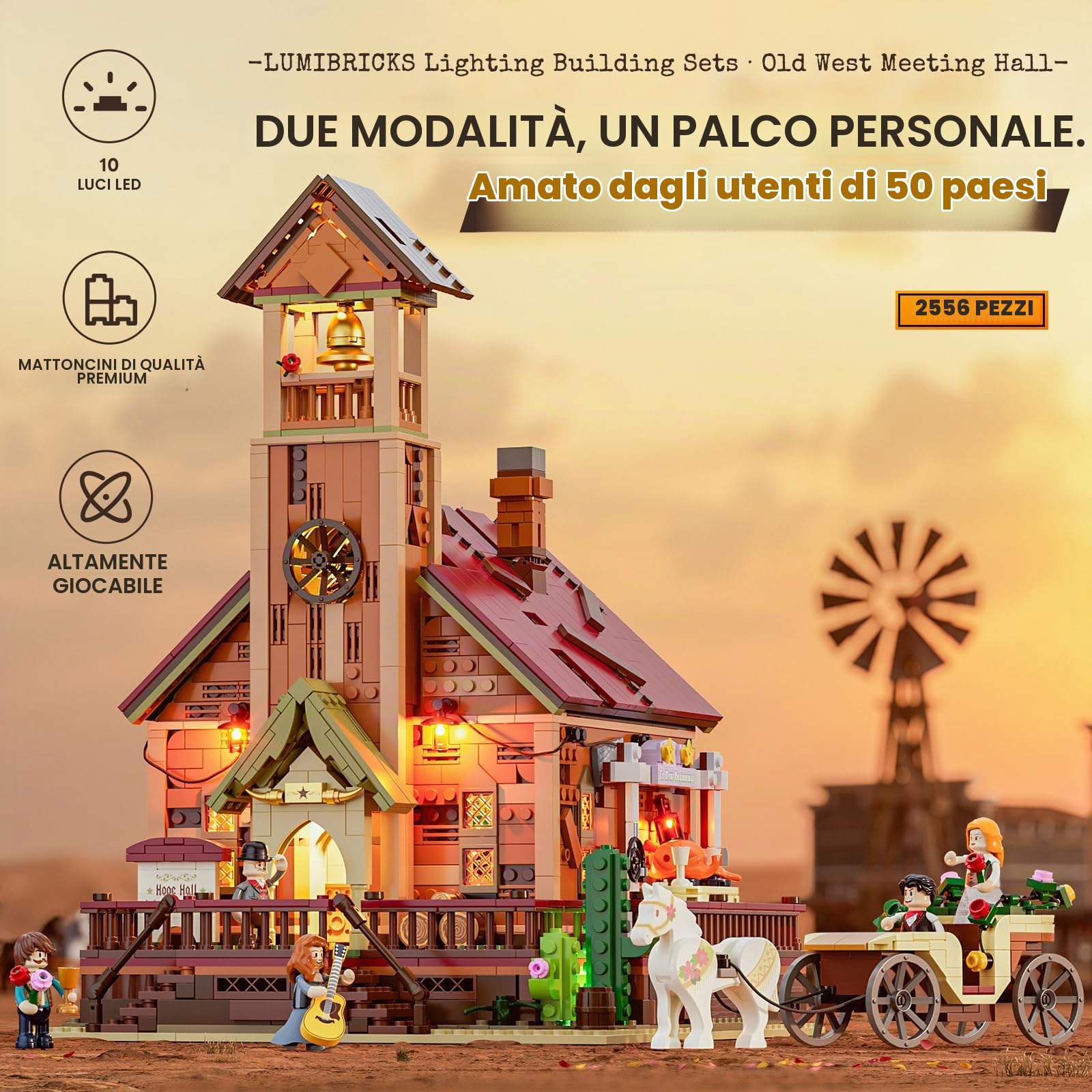 Lumibricks Western Meeting Hall - Set di mattoncini illuminati, 1800 pezzi, Wildwest, casa comune con luce LED, edificio modulare con interno estraibile, regalo per adulti