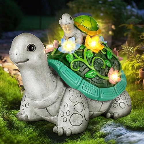 LESES Garden Statues, Turtle Solar Statue Garden Decor Clearance, Cute Turtle Figurines with Baby & 7 LED Solar Lights Lawn Decorations for Patio