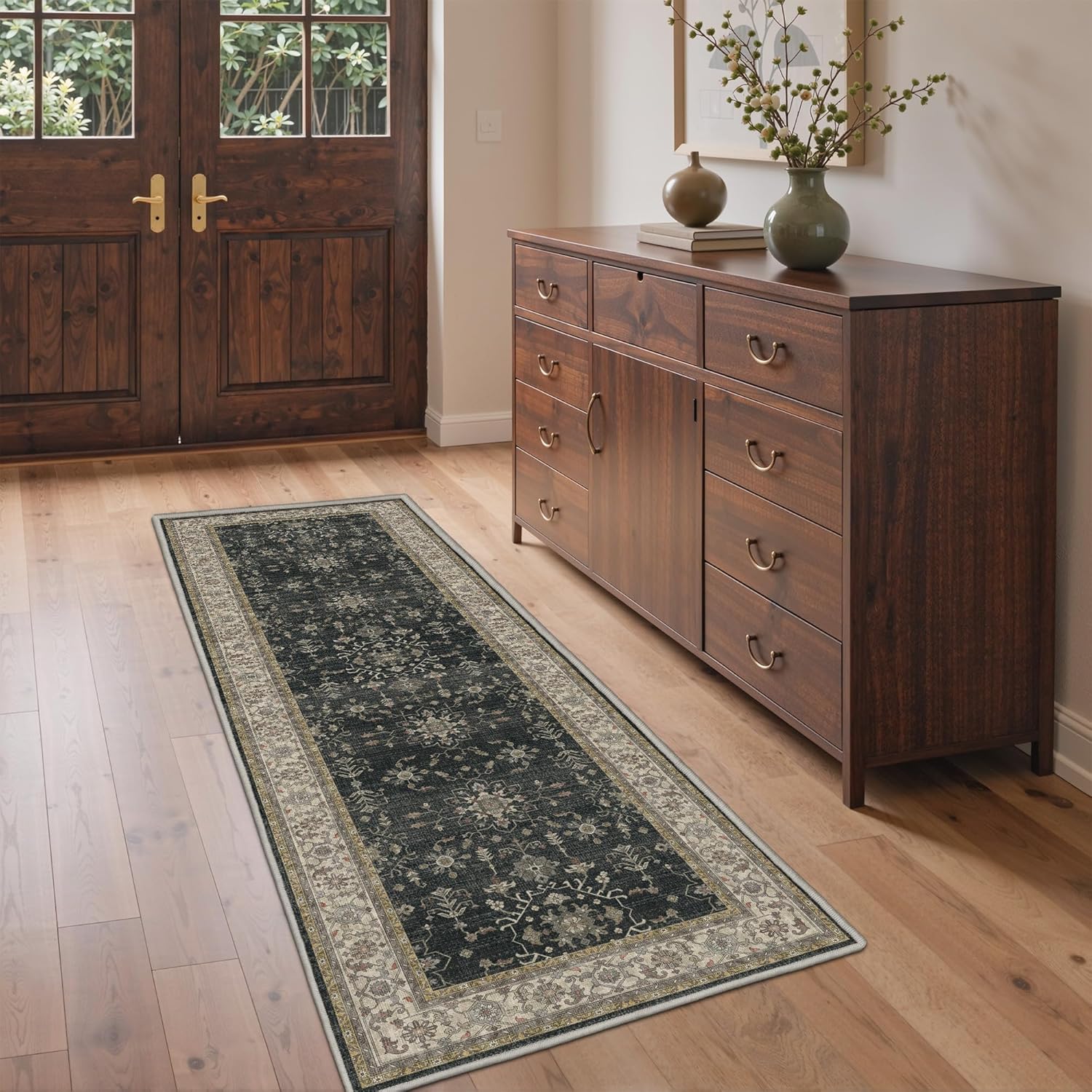 GENIMO 2x6 Runner Rug, Machine Washable Rugs Non Slip, Soft Retro Vintage Boho Rugs Indoor, Ultra-Thin Low Pile Rug Runners for Hallway, Entryway, Bedroom, Kitchen, Charcoal Gray/Multi - Image 9