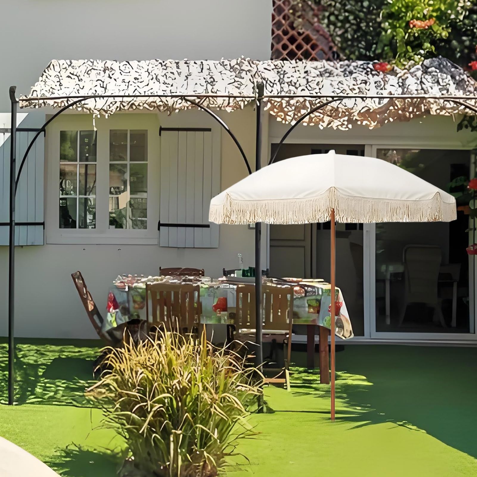 200 cm frędzlowany parasol ogrodowy, przenośny boho uchylny beach parasol, wodoodporny parasol z frędzlami