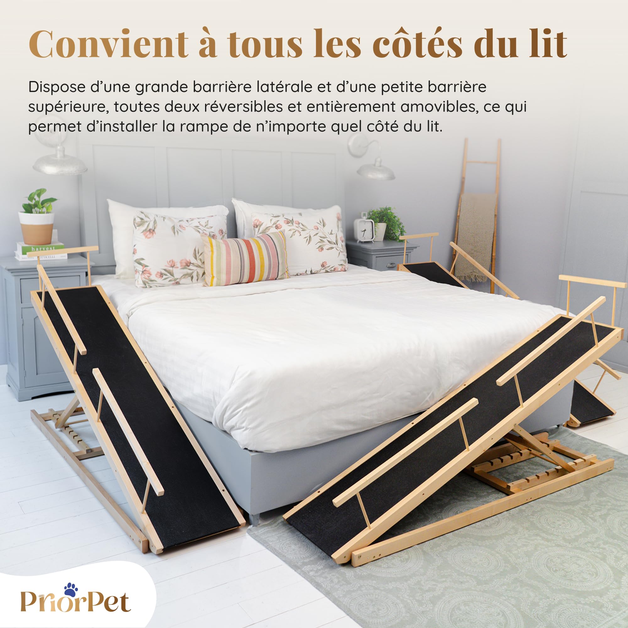 Rampe pour Chien Lit avec Barrières de Sécurité - Escalier pour Chien PRIORPET - Bois de Bouleau - pour Lit Haut jusqu'à 94.5 cm - Pliable -Poignée antidérapante-pour Les Chiens jusqu'à 23kg- Naturel