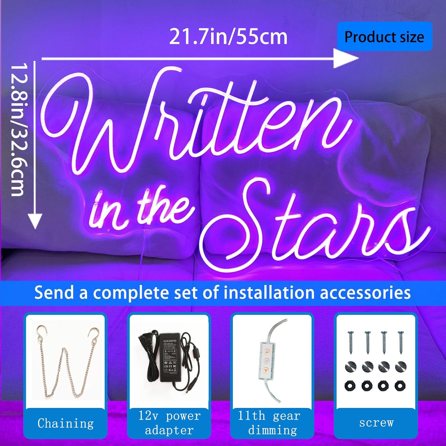 Written In The Stars Neon Sign for Wall Decor,Led Signs, Decoration Neon Lights for Bar Pub Christmas,Restaurant,Bedroom Neon Signs Engagement Birthday Wedding Party Size:55 * 32.6cm