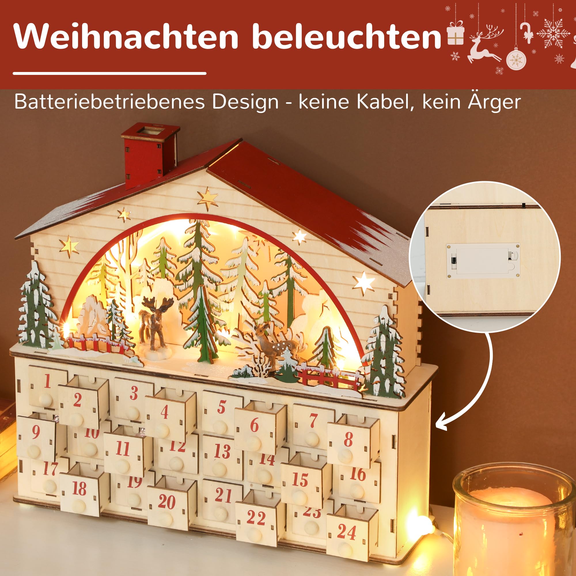 HOMCOM Adventskalender zum Befüllen 24 Schubladen Naturholz 36 x 10 x 34 cm | Fächer, Weihnachtskalender, mit LED-Lichtern, Weihnachtsdekoration, Adventskalenderbox, DIY