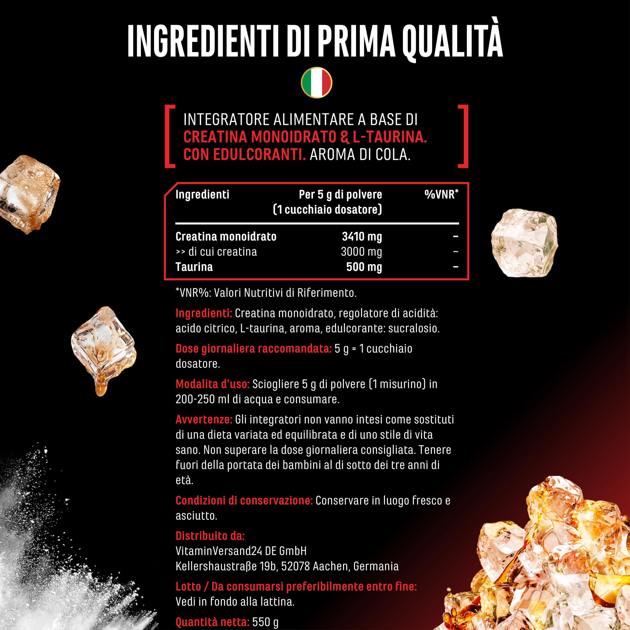 Flavoured Creatine polvere - 550 g - creatina monoidrato + L-taurina - creatina micronizzata aromatizzata - senza zuccheri & ottima solubilità - vegano (Cola)