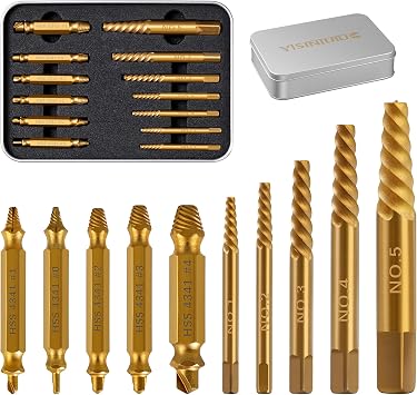 13Pcs Damaged Screw Extractor Set, Spiral Screw Extractor for Stripped Screws Nuts & Bolts, Golden Easy Out Bolt Extractor Set Drill Bit Tools for Easy Removal of Rusty Broken Hardware