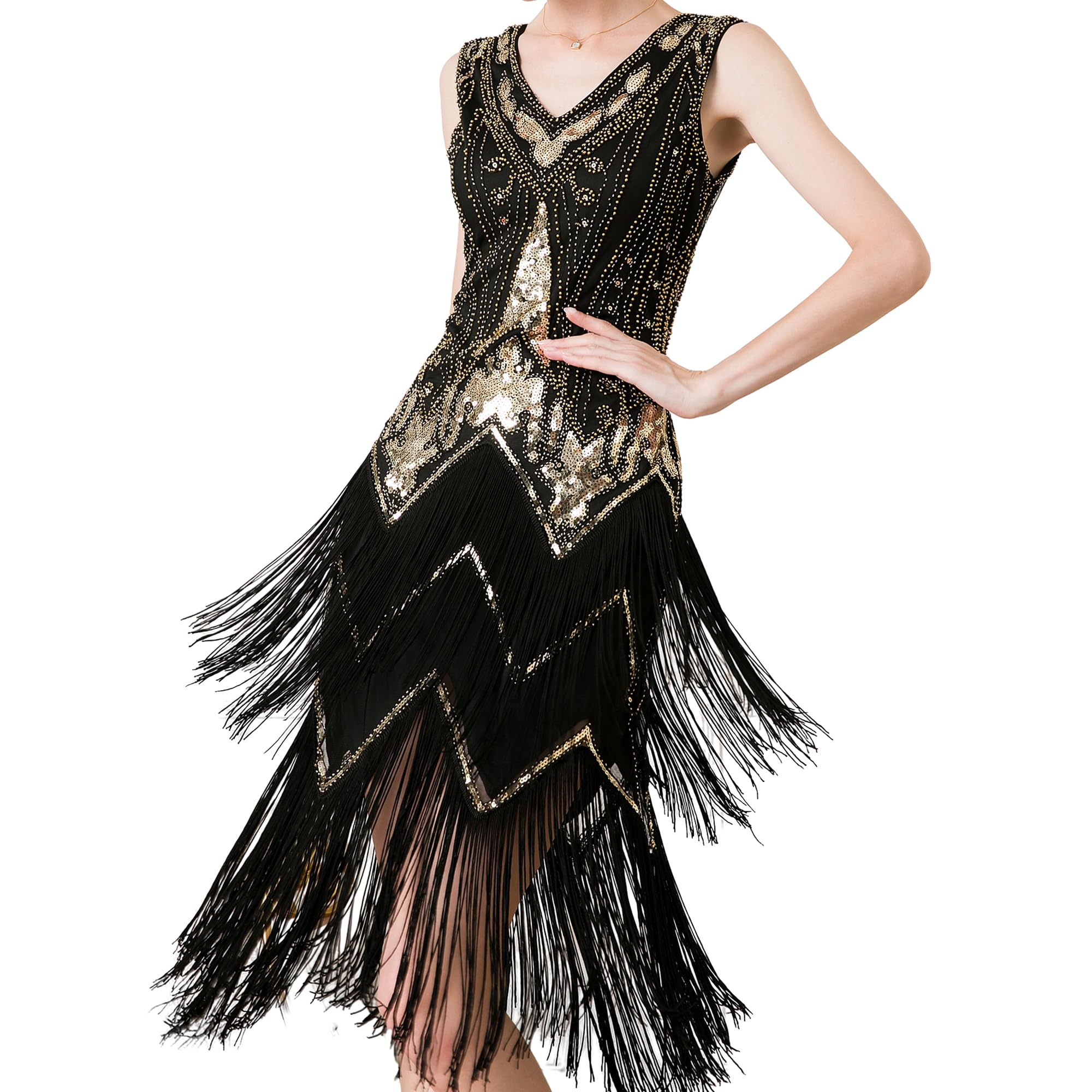 MUNAFIE Robe à paillettes des années 20 - Robe à franges, col en V - Robe à paillettes pour femme - Robe de fête Gatsby Charleston Flapper - Robe de fête costumée