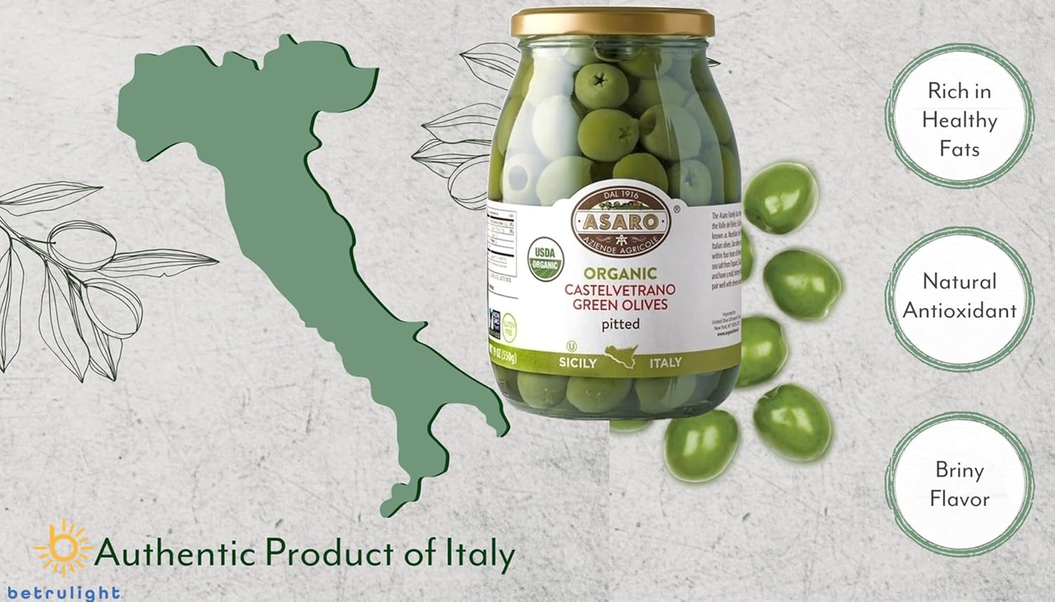 Organic Olives |ASARO Organic Castelvetrano Green Pitted Olive Is GMO FREE, GLUTEN FREE, VEGETARIAN, VEGAN & Keto Friendly Olives Good for Healthy Snacks On the Go, Salad and Cocktails Bundled with BETRULIGHT Fridge Decal - 19 OZ Glass Jar ( Pack of 2 )