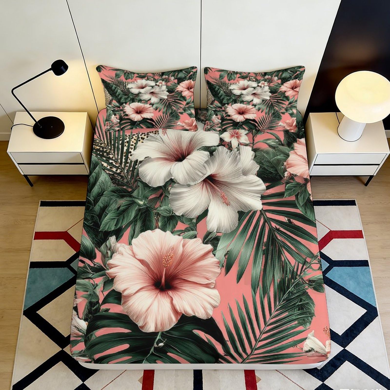 3D Printed Tropical Hibiscus Fitted Sheet Microfiber Soft Anti-Slip Palm Leaves Bed Cover for Bedroom Guest Room Decor 90x200x25cm