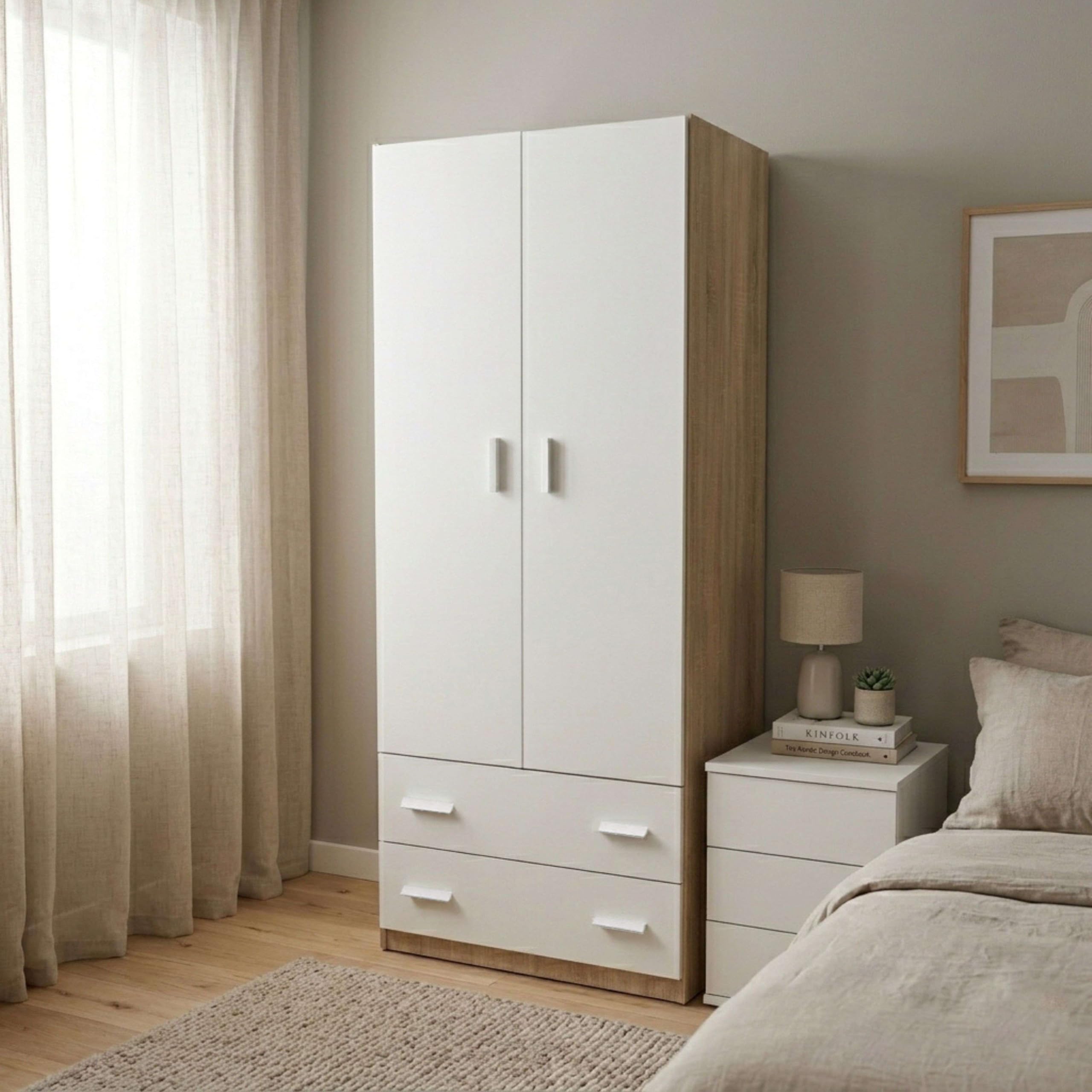 Miroytengo Armario Ropero Juvenil Turin Dormitorio 2 Puertas 2 Cajones Roble Cambrian y Blanco Mate 74x180x50 cm