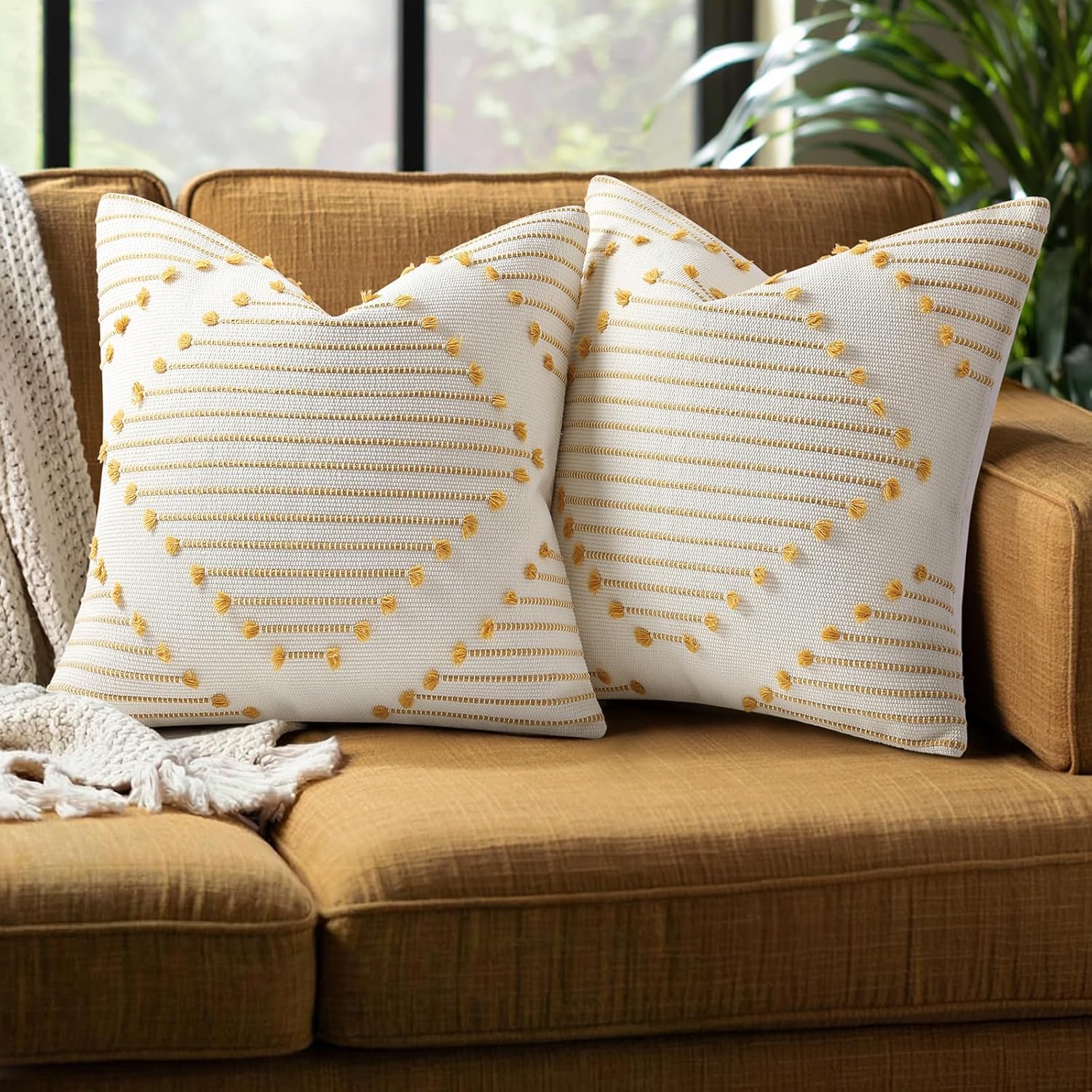 Mecatny Boho Summer Outdoor Throw Pillow Covers 18X18 Set of 2, Farmhouse Decorative Pillow Covers for Couch Sofa Living Room, Beige & Black