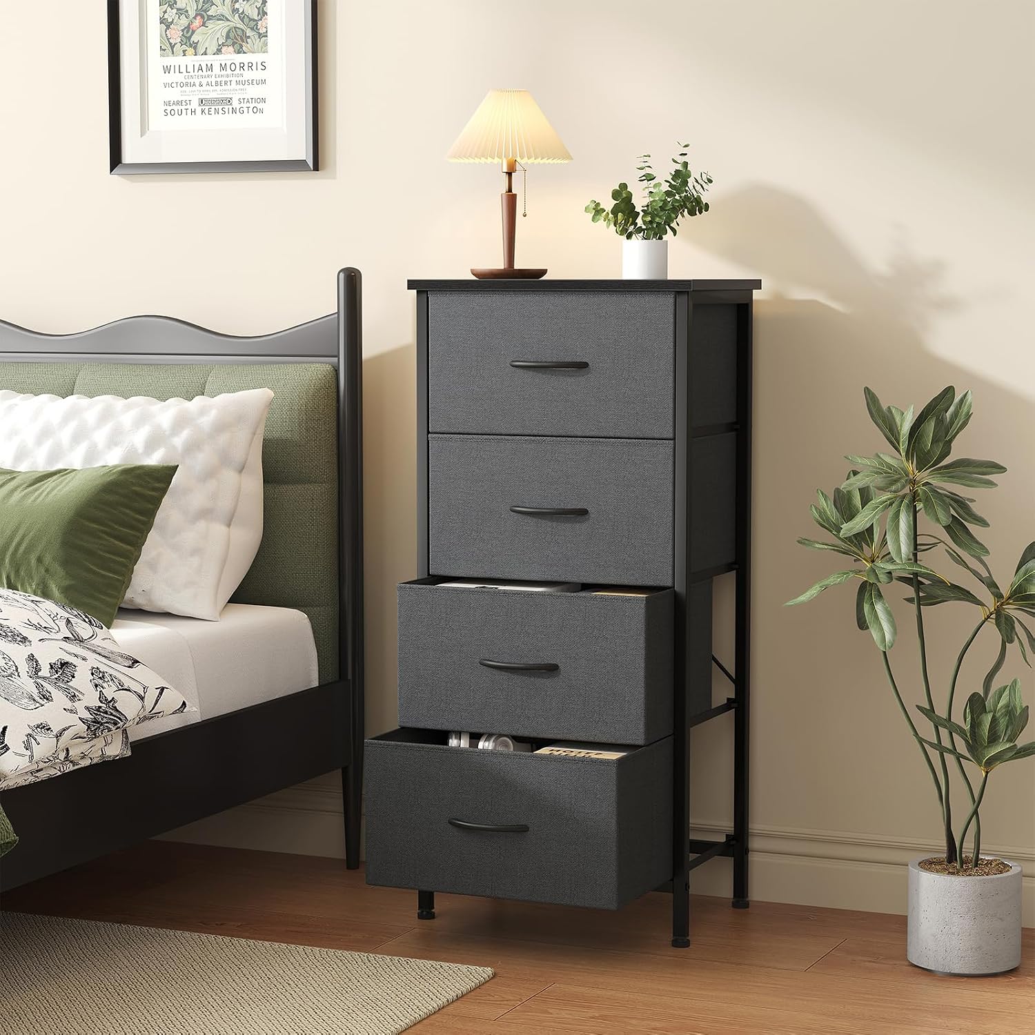 Sweetcrispy 4 Fabric Drawer Small Dresser, Bedside Nightstand with Wooden Top Sturdy Frame, Entryway Closet Bedroom Storage Cabinet Furniture for Dorm,Grey Grey 11.8"D x 17.7"W x 37.5"H (4 Drawers)