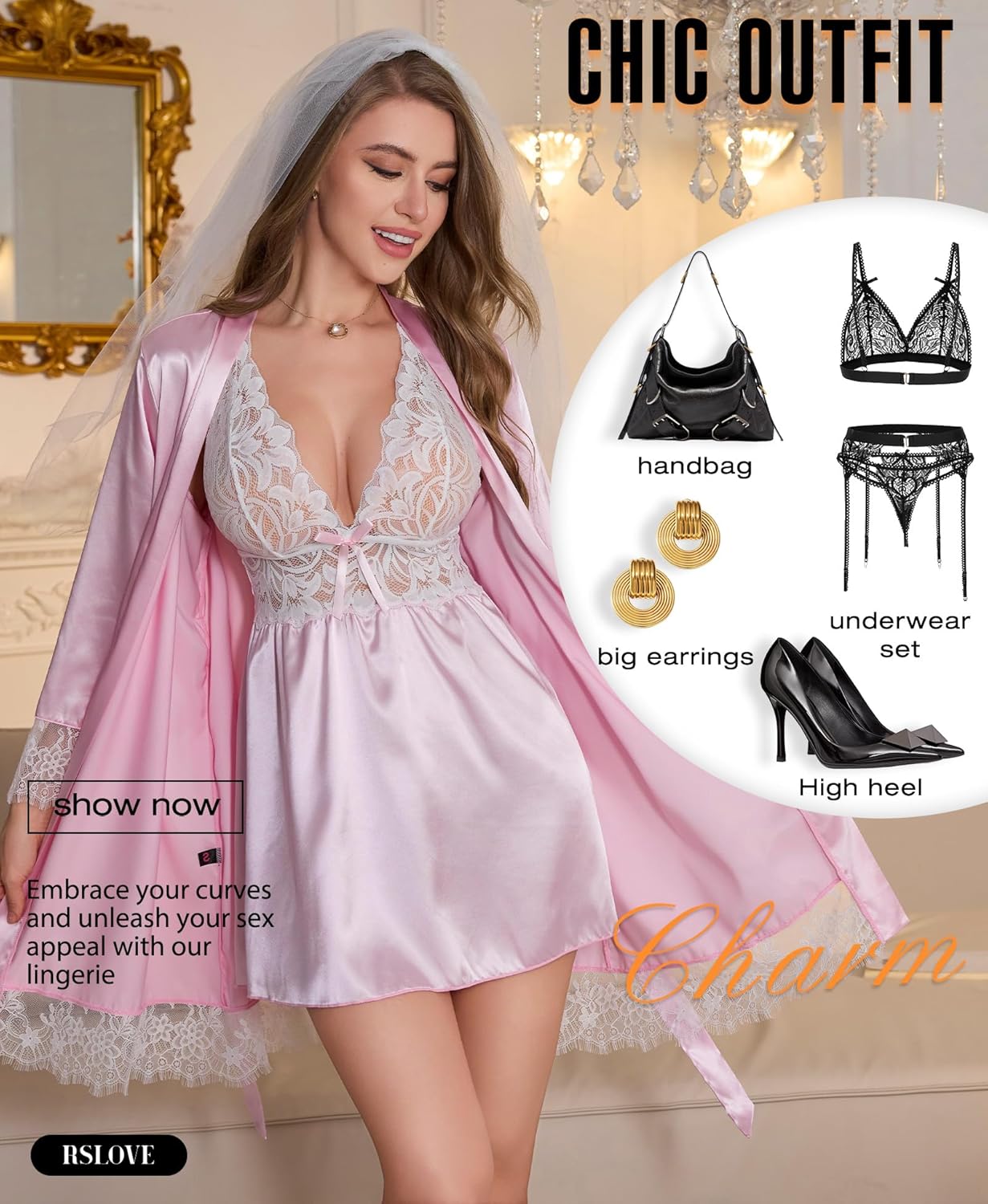 RSLOVE Women’s Satin Lace Lingerie Set – 2-Piece Babydoll Nightgown & Kimono Robe, Sexy Strap Chemise Bride Comfy Sleepwear - Image 4