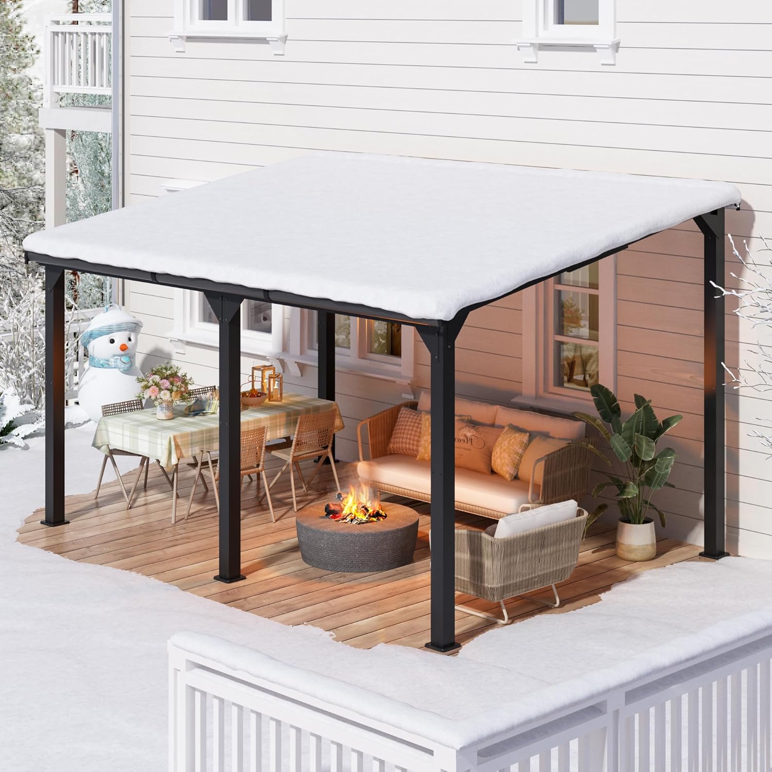 Pergola covered in snow, demonstrating durability