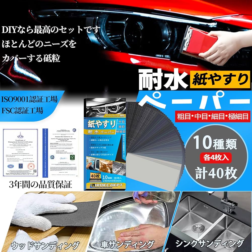 Amazon | IROKCAKPT 耐水ペーパー セット 10種類40枚 #120~5000