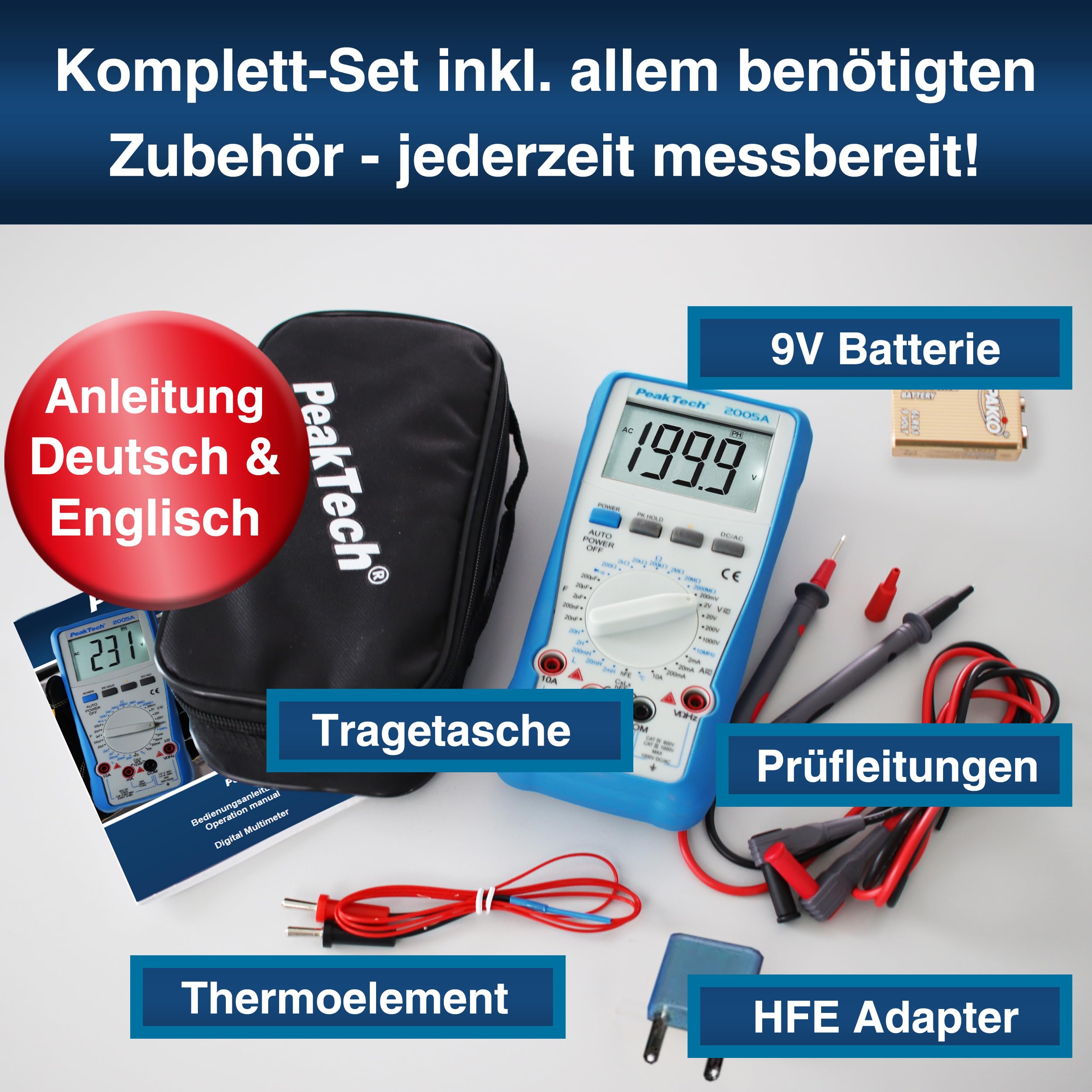 PeakTech P 2005 A – Digital Multimeter mit LCD-Anzeige – Strommessgerät mit 2000 Counts – Profi-Messgerät für Elektriker mit Auto-Hold Funktion – CAT III 1000V – Blau