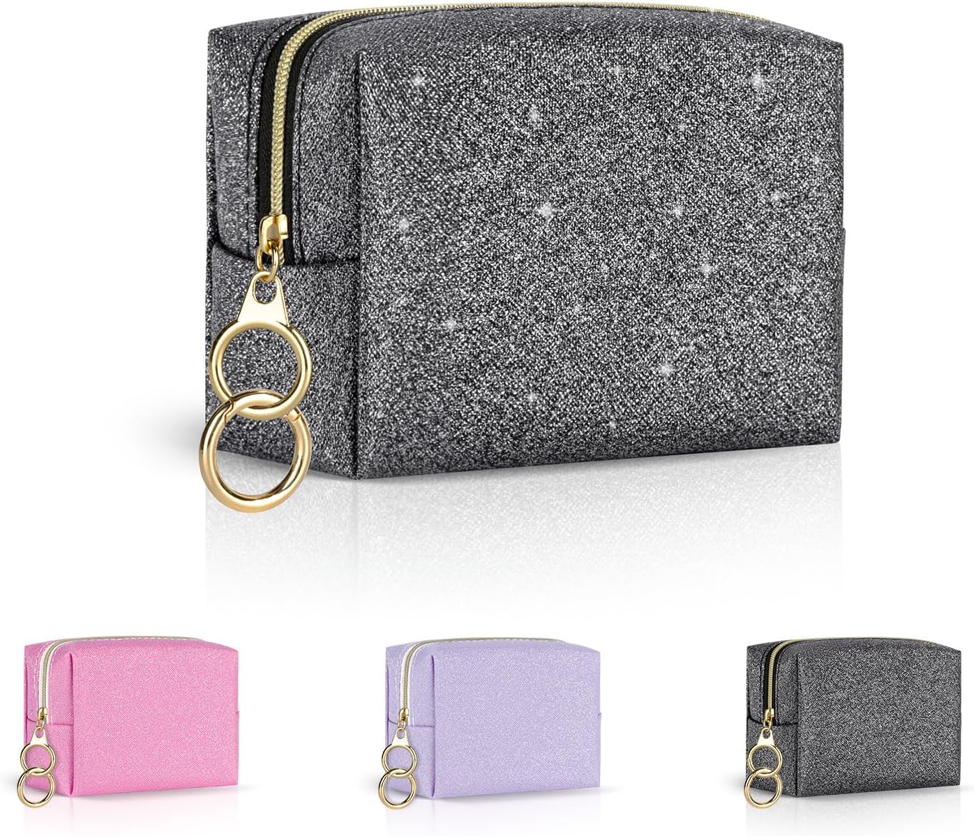 Mini Makeup Bag, Small Glitter Cosmetic Bag for Purse with Ring Buckle, Portable XS Travel Makeup Pouch for Girls Women Daily Use (Black)