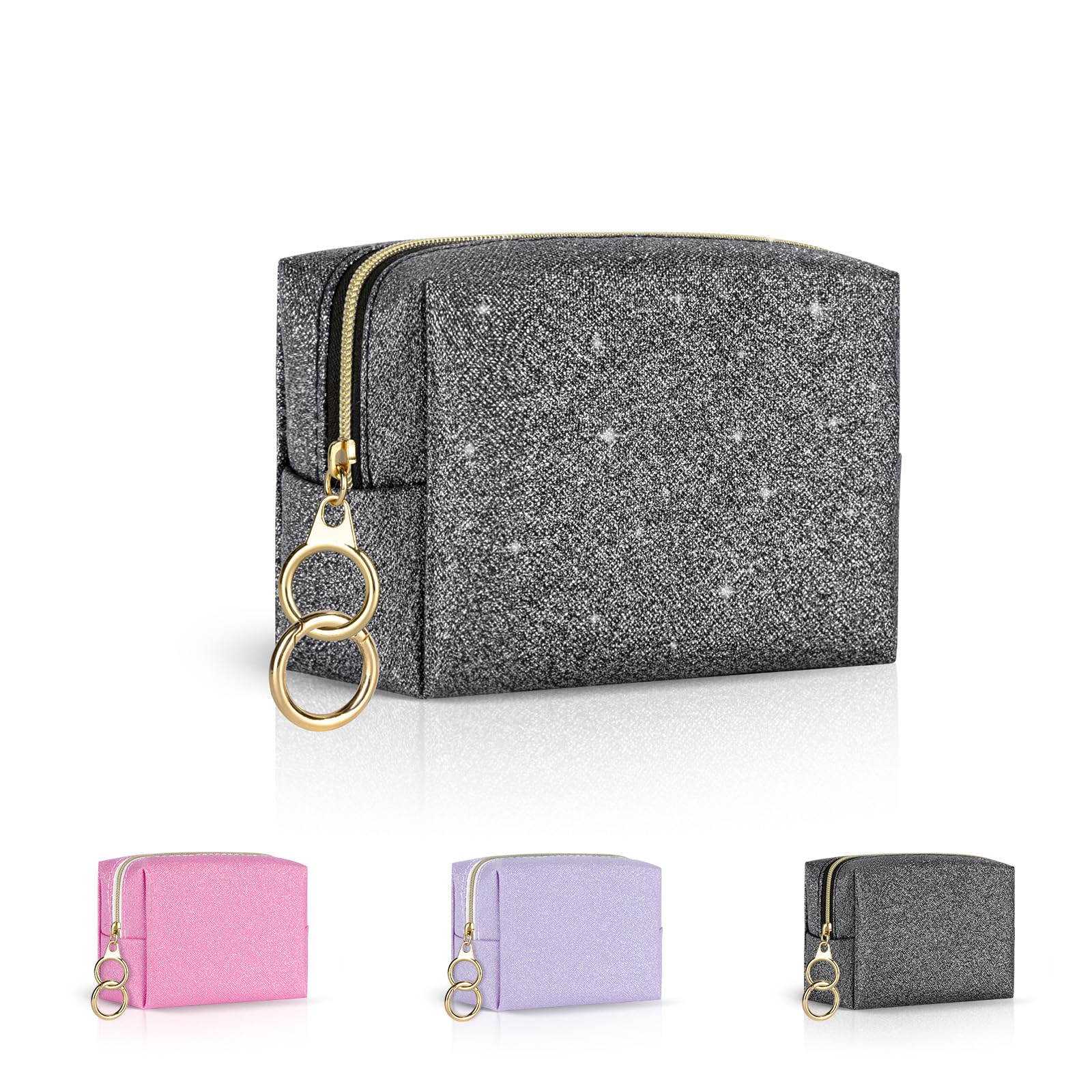 Playexen Mini Makeup Bag, Small Glitter Cosmetic Bag for Purse with Ring Buckle, Portable XS Travel Makeup Pouch for Girls Women Daily Use (Black)