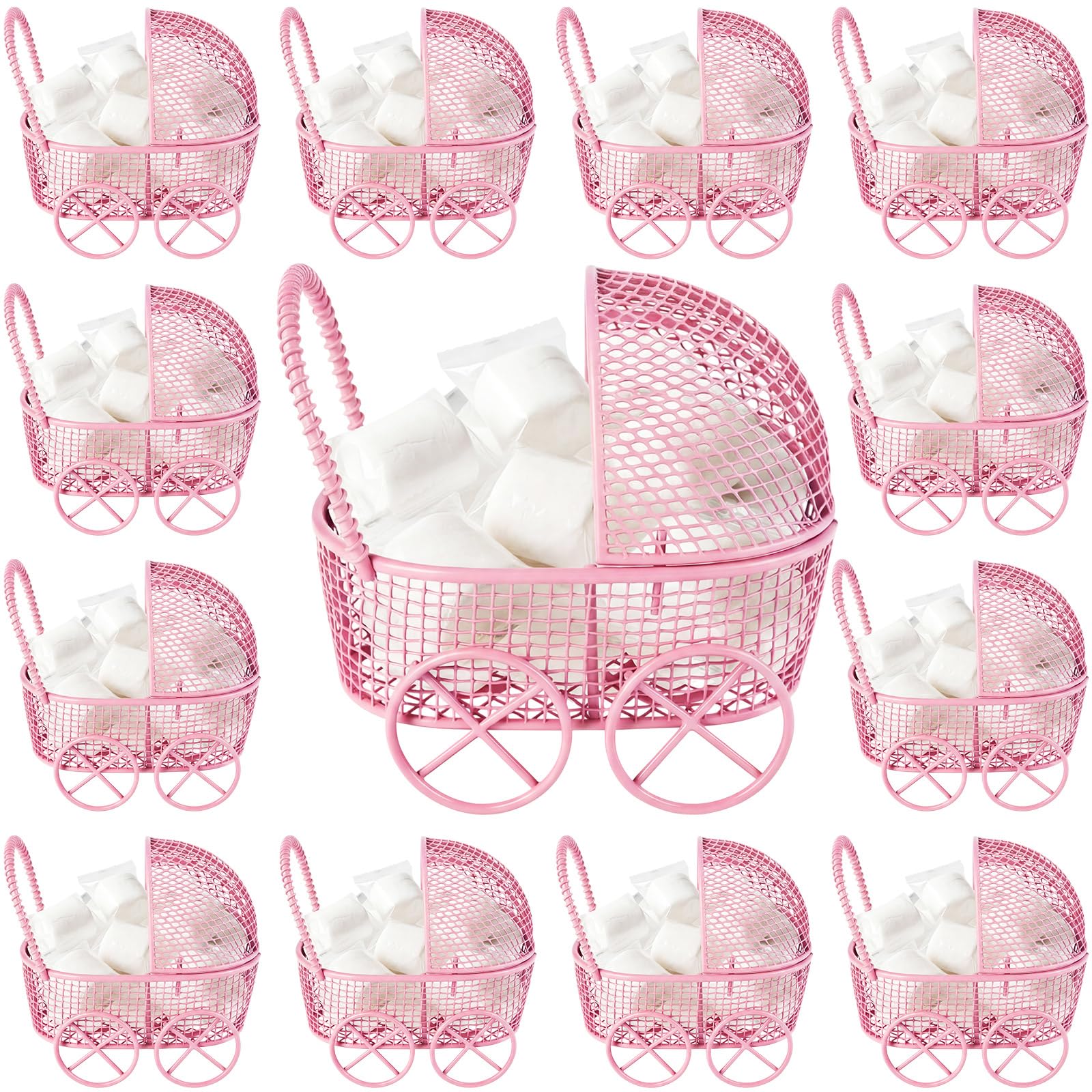 Threehoney 6 Pcs Baby Shower Mini Carriage Decoration Pink Metal Wired Fillable Candy Stroller Baby Shower Table Centerpiece for Guest Gender Reveal Wedding Party Favor Gift