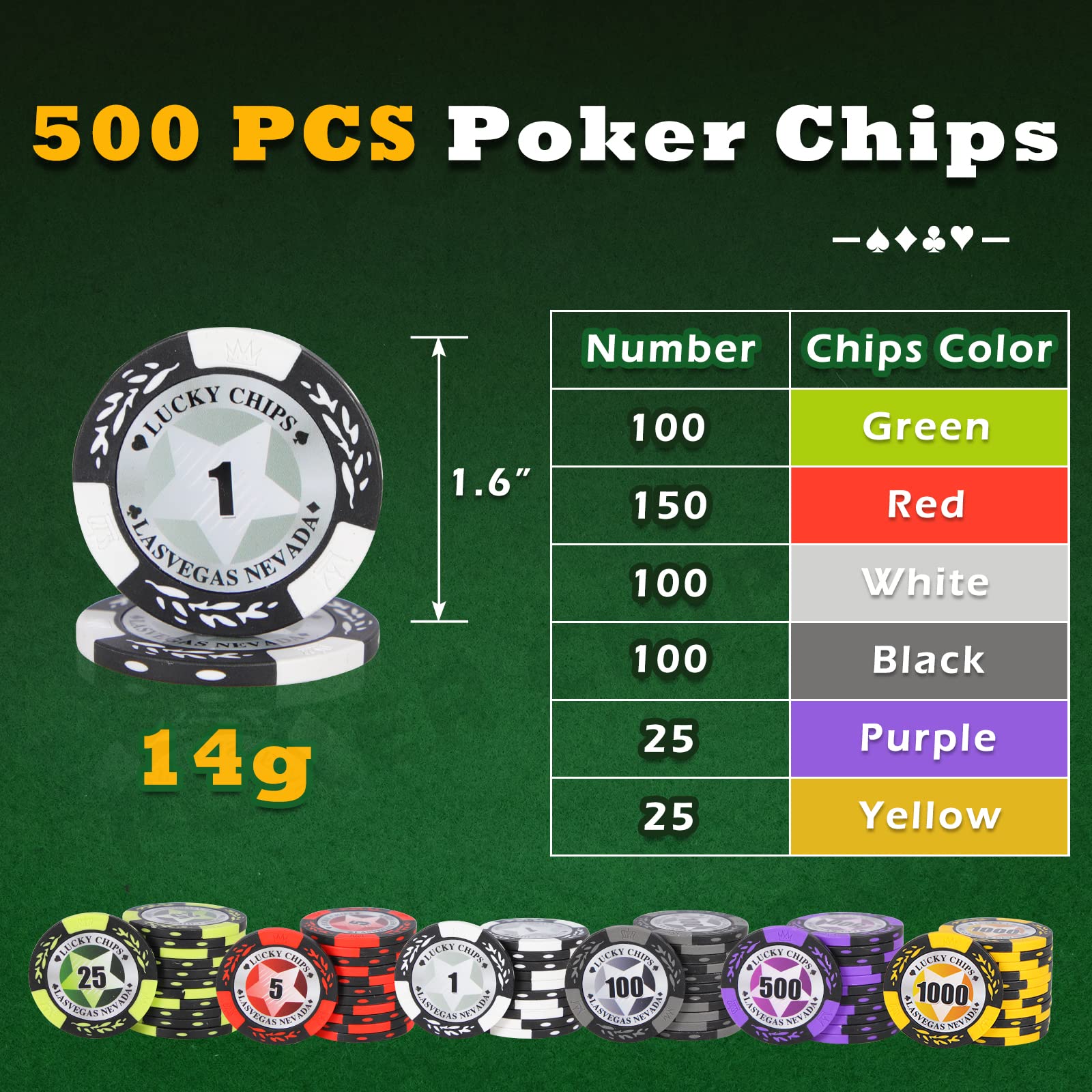 ORIENGEAR Poker Chip Set with Denominations, 500 PCS 14 Gram Clay Composite Casino Chips with Aluminum Case, 2 Decks of Playing Cards and Game Tablecloth, for Texas Holdem Blackjack Gambling Games