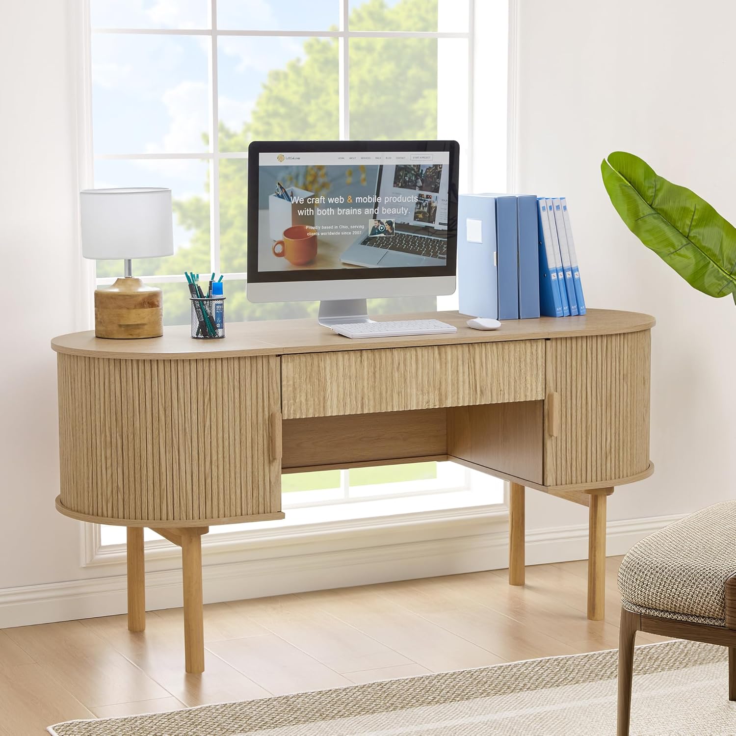 Executive Office Desk with Storage, 63 Inch Large Computer Workstation Desk with Drawer and File Cabinets, Mid Century Modern Fluted Wood Writing Desk for Home Office, Study Room, Living Room, Natural