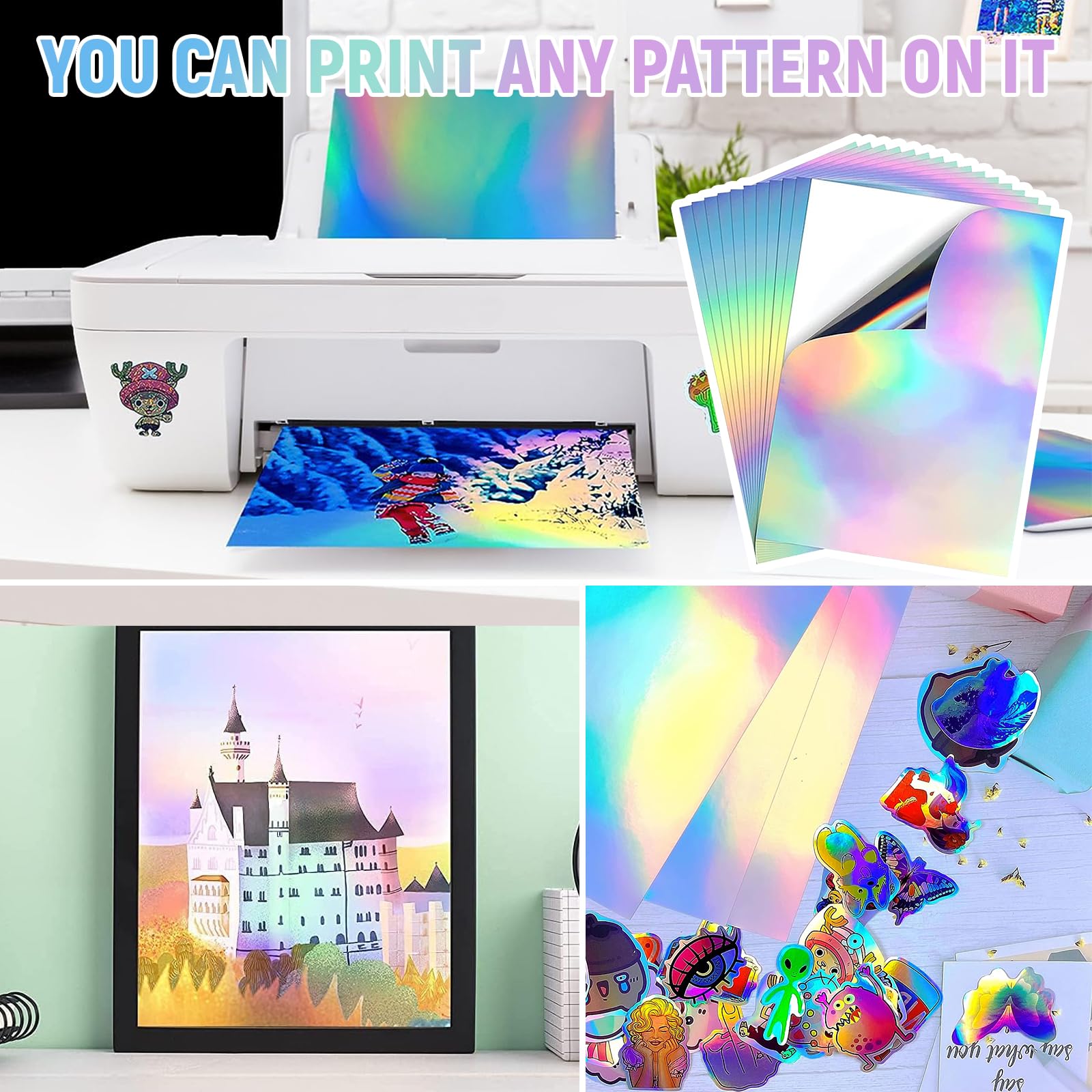 20 Hojas de Papel Adhesivo Holográfico A4 Imprimible Vinilo Secado Rápido Impermeable Vinilo Arco Iris Papel para Impresora de Inyección de Tinta y Láser, 210 x 297 mm