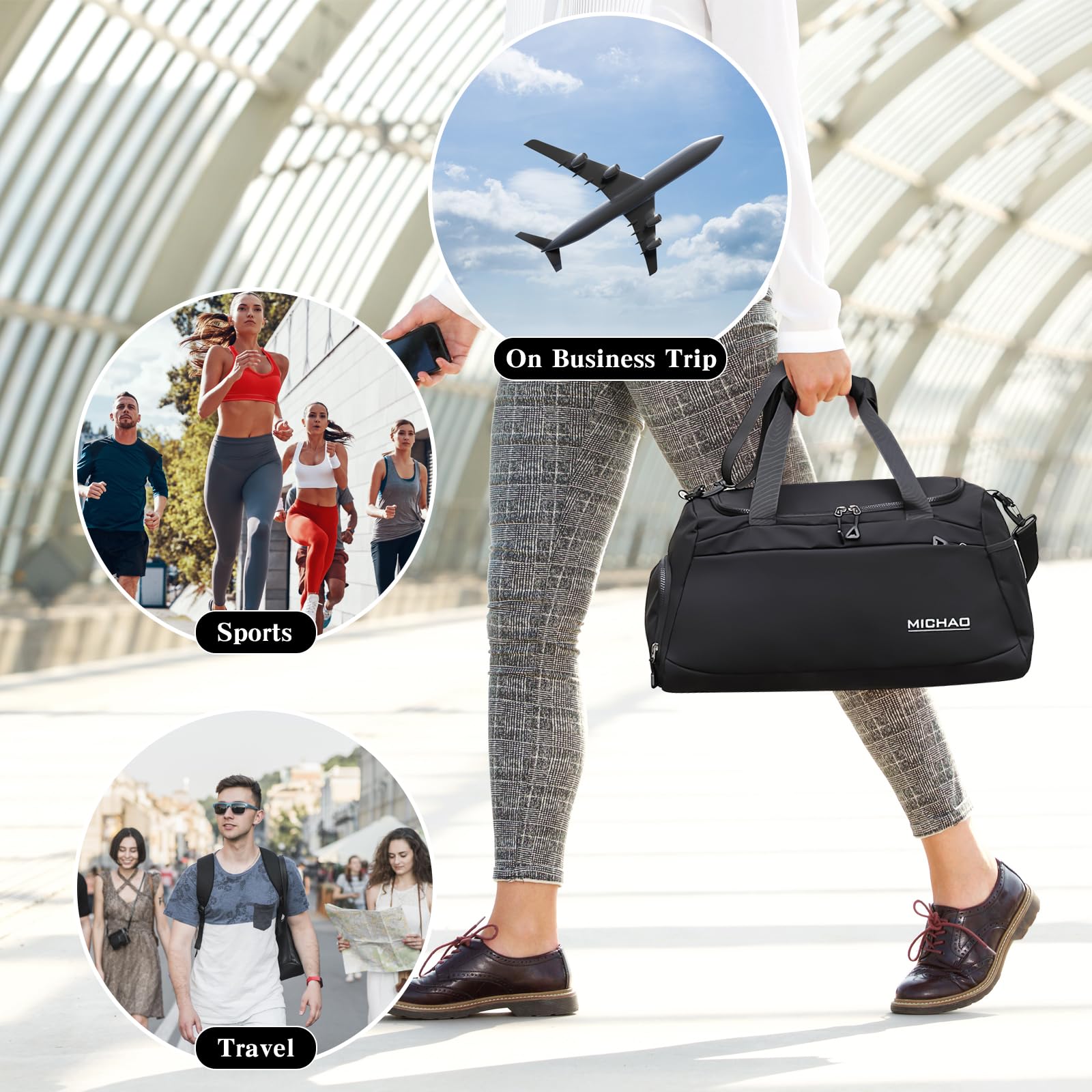 Damcyer Bolsa De Deporte, Bolsa Deporte Mujer para Mujer Grande con Compartimento Zapatos y Compartimento Mojado, Bolsa De Viaje Mochila Gimnasio, Negro Retro — view 5