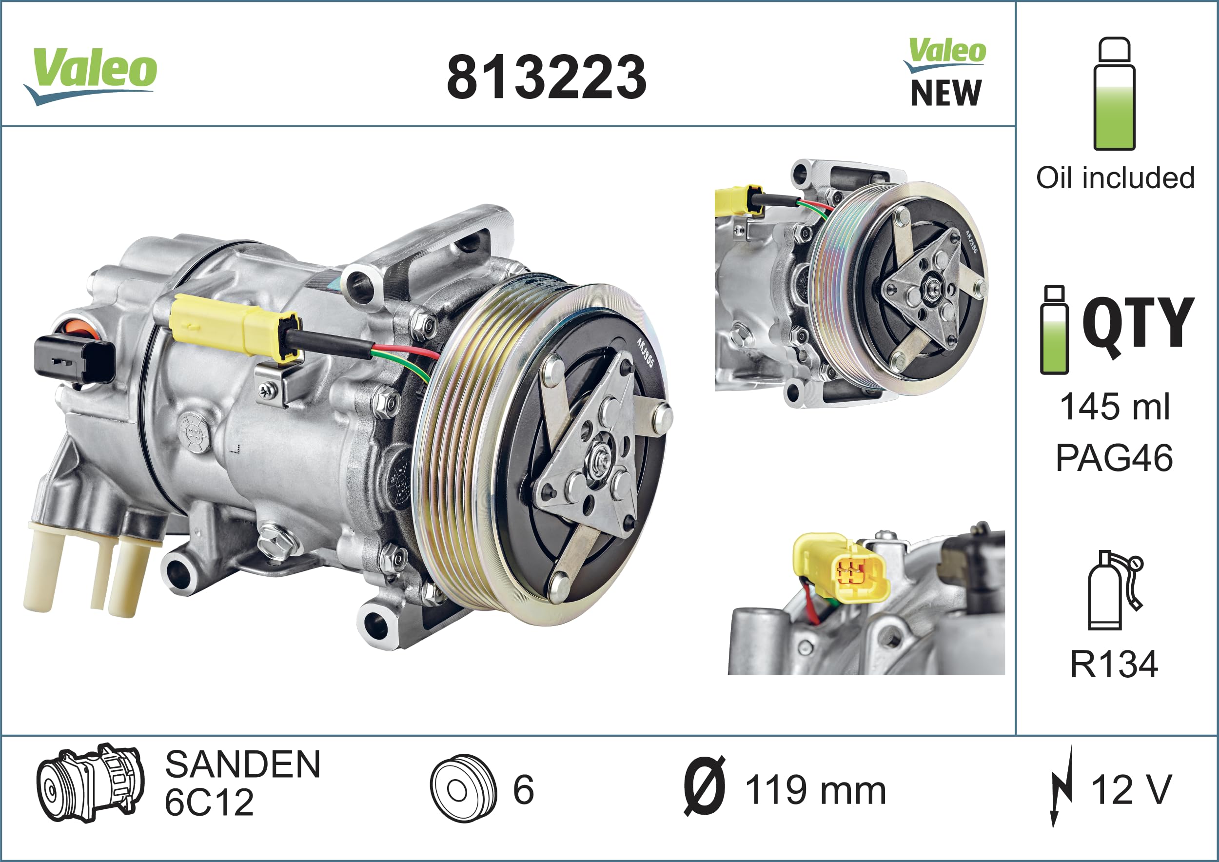 VALEO Compressore, Climatizzatore 813223 Compatibile con: CITROËN BERLINGO Kasten/Großraumlimousine, BERLINGO MULTISPACE, BERLINGO Pritsche/Fahrgestell, C3 PICASSO, C4 Coupe, C4 I, C5 III