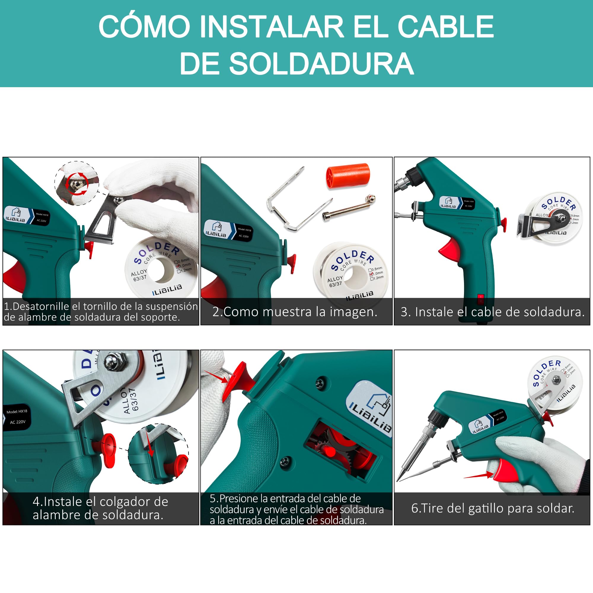 Soldador de Estaño, ILIBILIB 60W Kit de Pistola de Soldadura con 5 Puntas, Alambre de Soldadura, Fundente, Kit de Soldador de Operación con una Sola Mano para Soldar y Reparar