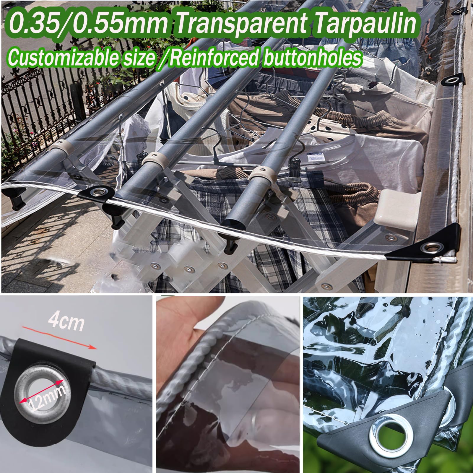 Plane Transparent mit ösen 1.8mx2.8m,Abdeckplane Wasserdicht 0.4mm Wetterfest Faltbar Terrassenplane für Seitenteile Pavillon Gartenmobel Balkon LKW,Schwarz Plane Nach Maß