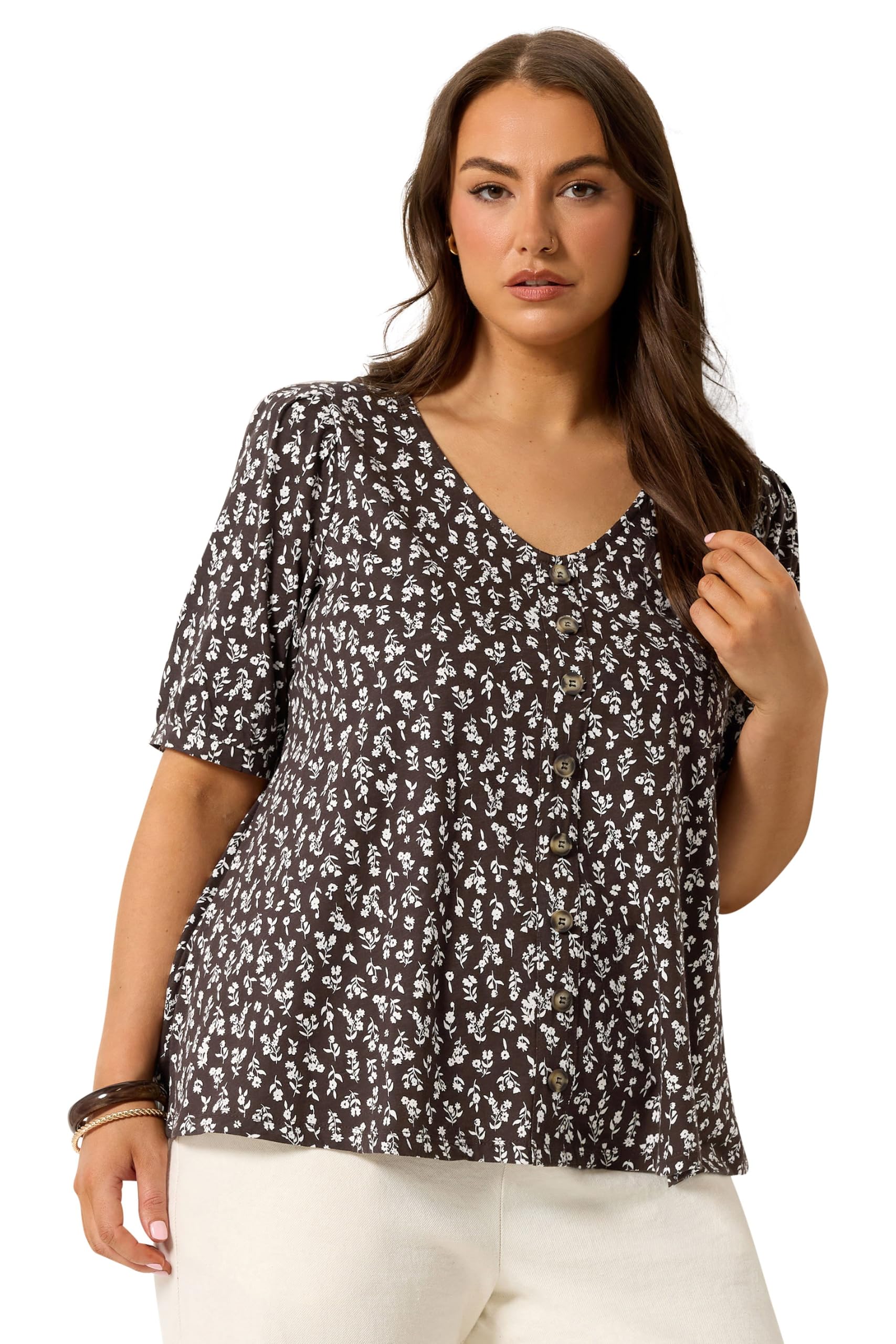 Yours Curve Brown Floral Button Front Top - Women's - Plus Size Curve