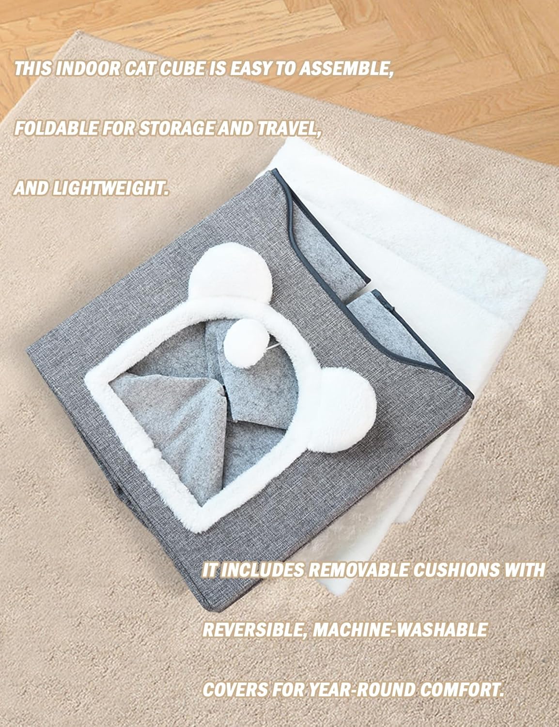 Cat Bed for Indoor Cats Foldable Cat Houses with Fluffy Ball and Scratch Pad Large Cat Cave Khaki Cat Hideaway