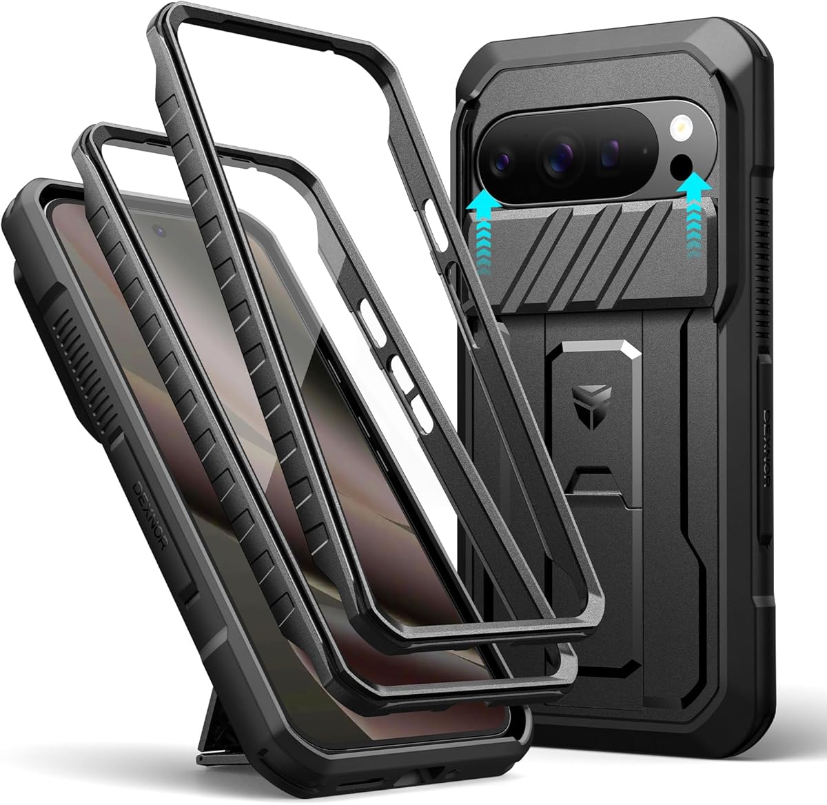 Dexnor for Google Pixel 10 Pro XL Case with Slide Camera Cover & 2 Front Frames & Built-in Screen Protector & Kickstand, Full-Body Shockproof Protective Cover Rugged Bumper Cases,Black(2025)