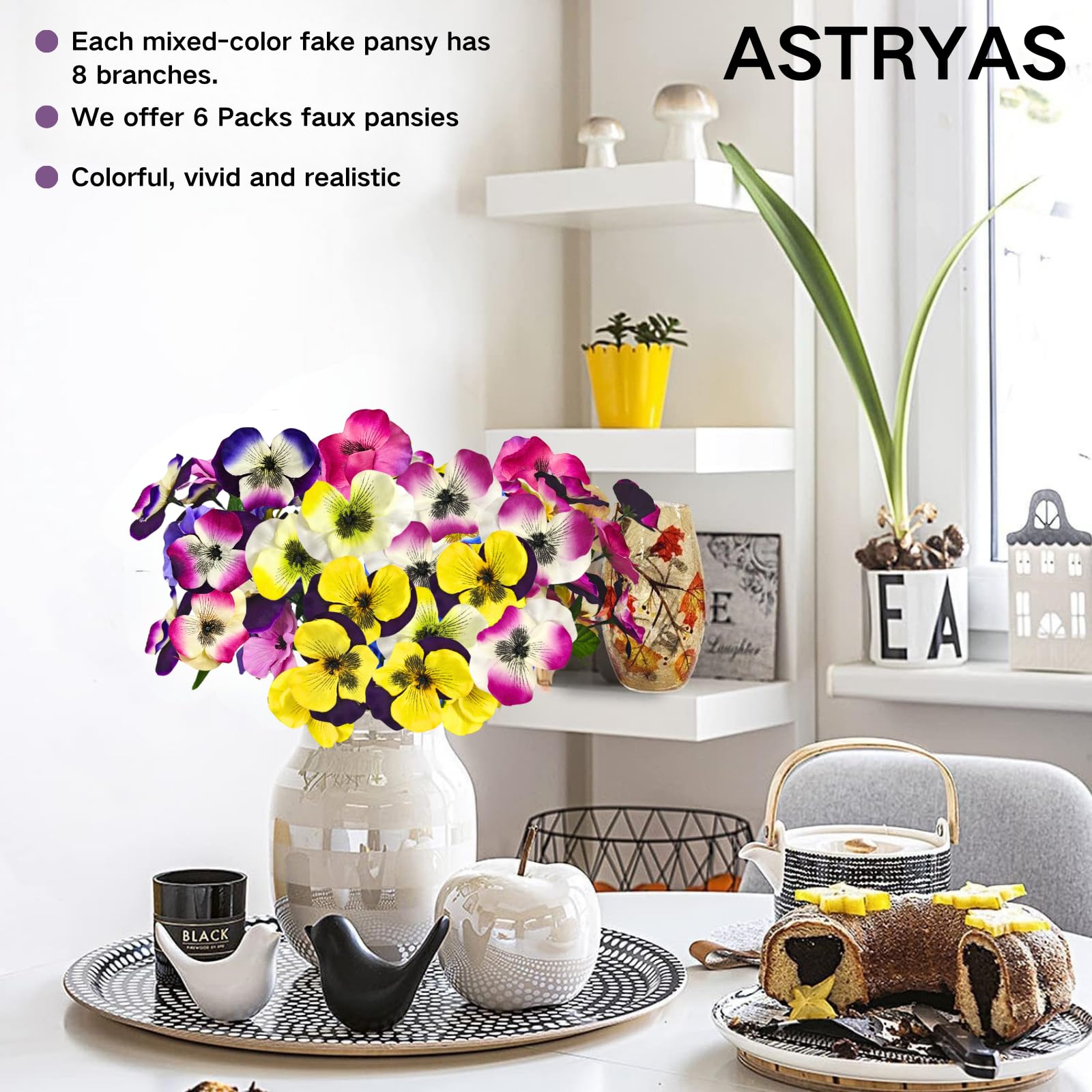 ASTRYAS Künstliche Blumen für den Außenbereich, künstliche Stiefmütterchen, kleine Wildblume, Seiden-Stiefmütterchen, Blumen für Frühlingsdekoration, Pflanzgefäße, Zuhause, Garten, Beete im Freien (6,
