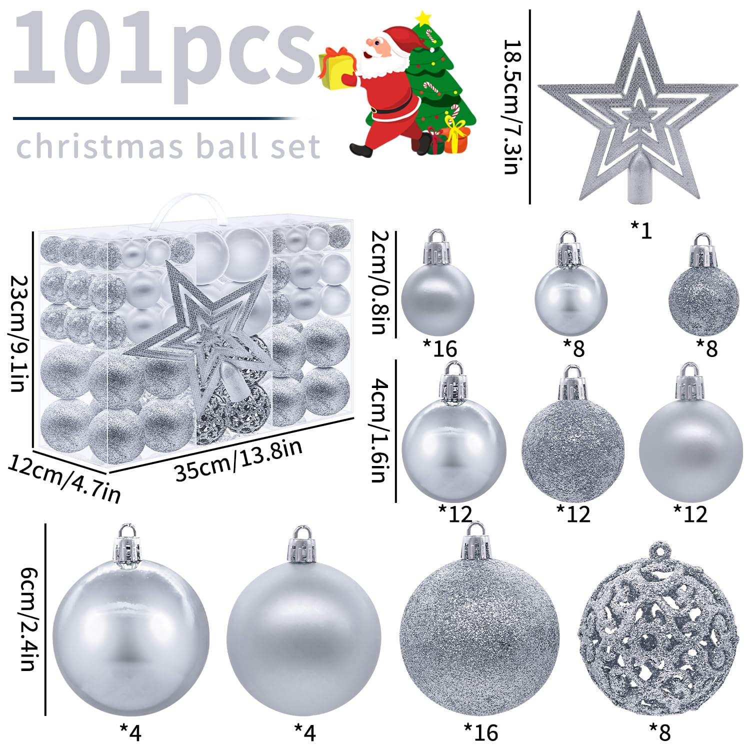 Lot de 101 boules de Noël en plastique incassables à suspendre pour décoration saisonnière avec 1 étoile de sapin de Noël (argenté)