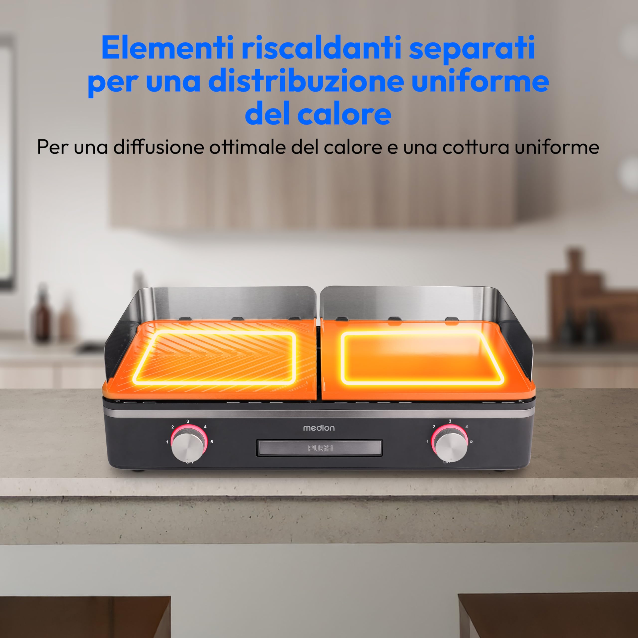 MEDION Griglia da tavolo con sistema a doppia zona (2400 W, 2 piastre rimovibili, regolazione individuale della temperatura, indicatore LED, protezione IPX4), MD12027