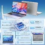 Auusda 15.6" Ordinateur portable argent PC, 8GB RAM 256GB SSD, Clavier rétroéclairé, Capteur d'empreintes digitales, USB 3,0*2, jusqu'à 8TB Stockage, gagner 11 Pro Compatible, 6000mAh, N5100 Quad-Core, idéal pour les bureaux légers & Clavier rétroéclairé, Capteur d'empreinte digitale, USB 3,0*2