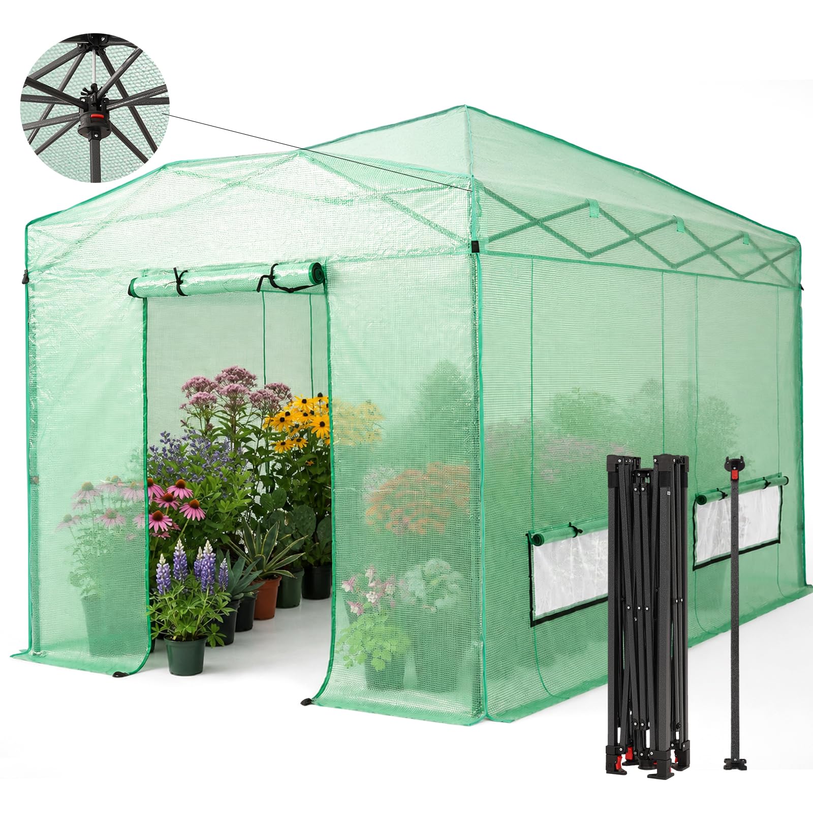 CROWN SHADES 12X8 Pop Up Outdoor Walk-in Portable Greenhouse,Green