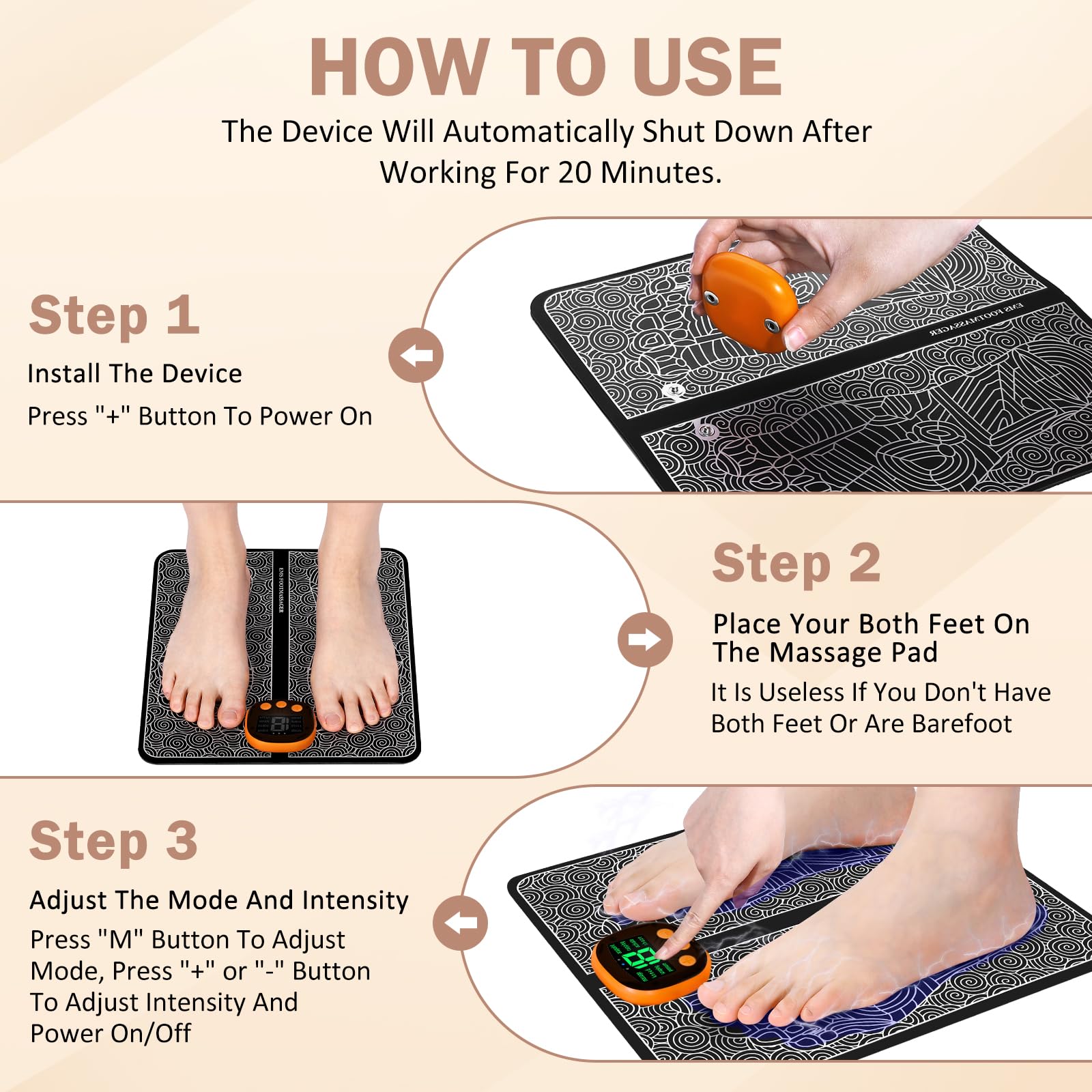 Masseur de Pieds EMS Portable, Tapis Masseur des Pieds Électrique Pliable avec 8 Modes et 19 Niveaux d'Intensité, pour Circulation Sanguine et Relaxation Musculaire